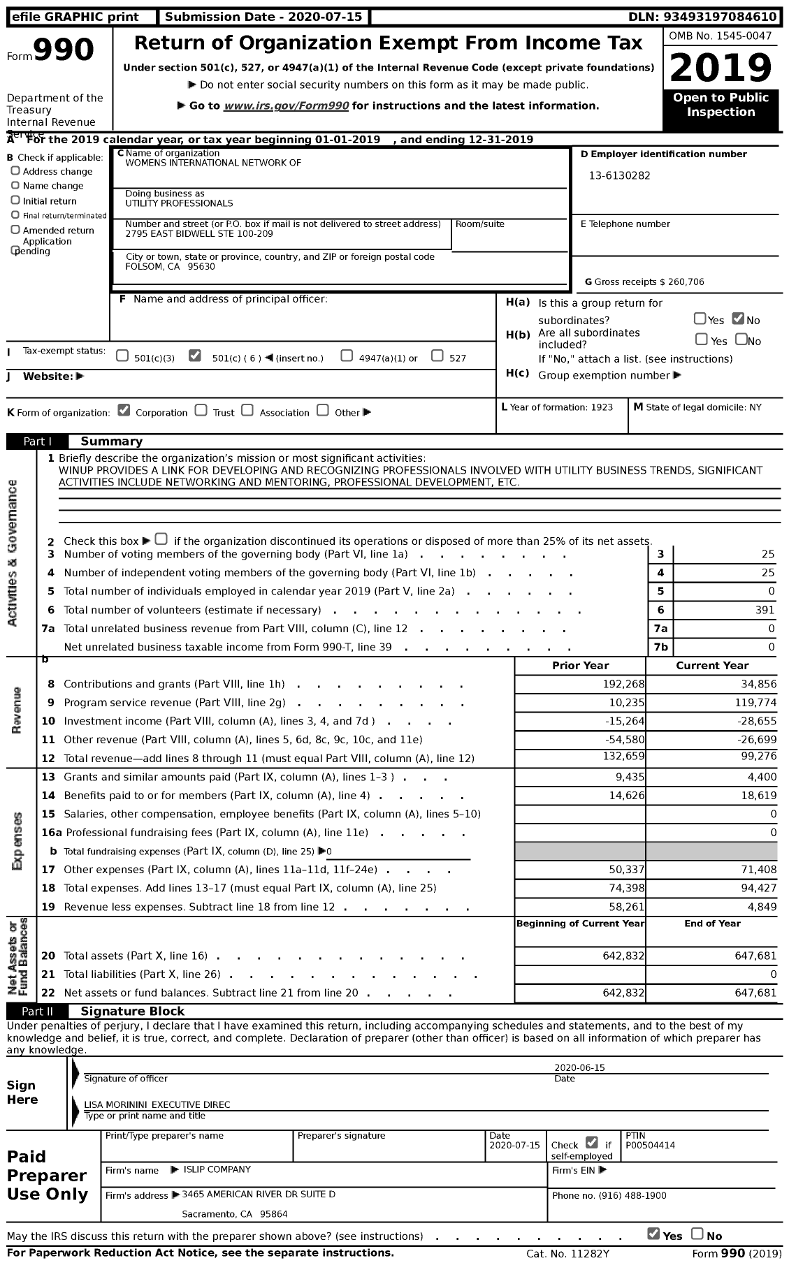 Image of first page of 2019 Form 990 for Womens International Network of Utility