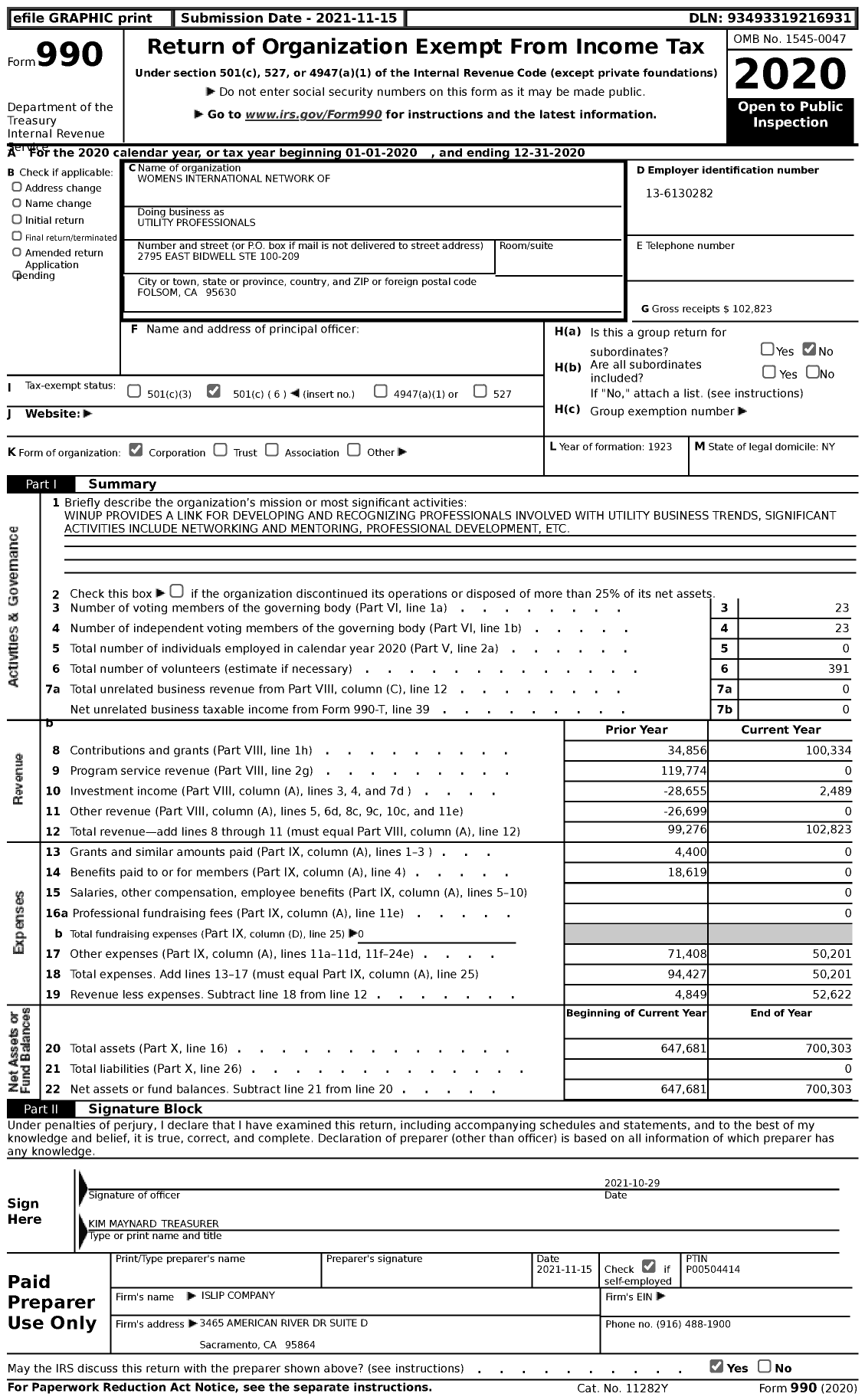 Image of first page of 2020 Form 990 for Womens International Network of Utility