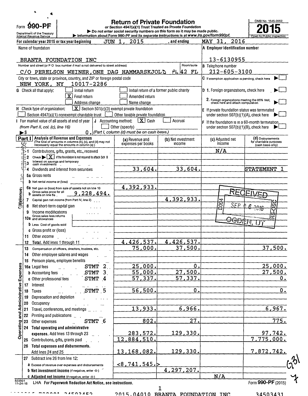 Image of first page of 2015 Form 990PF for Branta Foundation