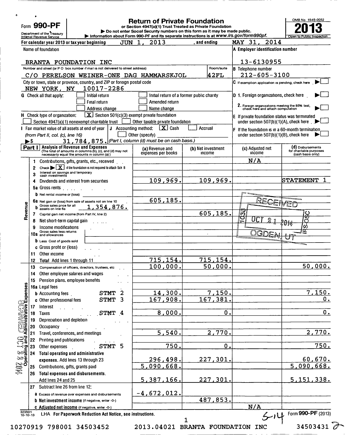 Image of first page of 2013 Form 990PF for Branta Foundation