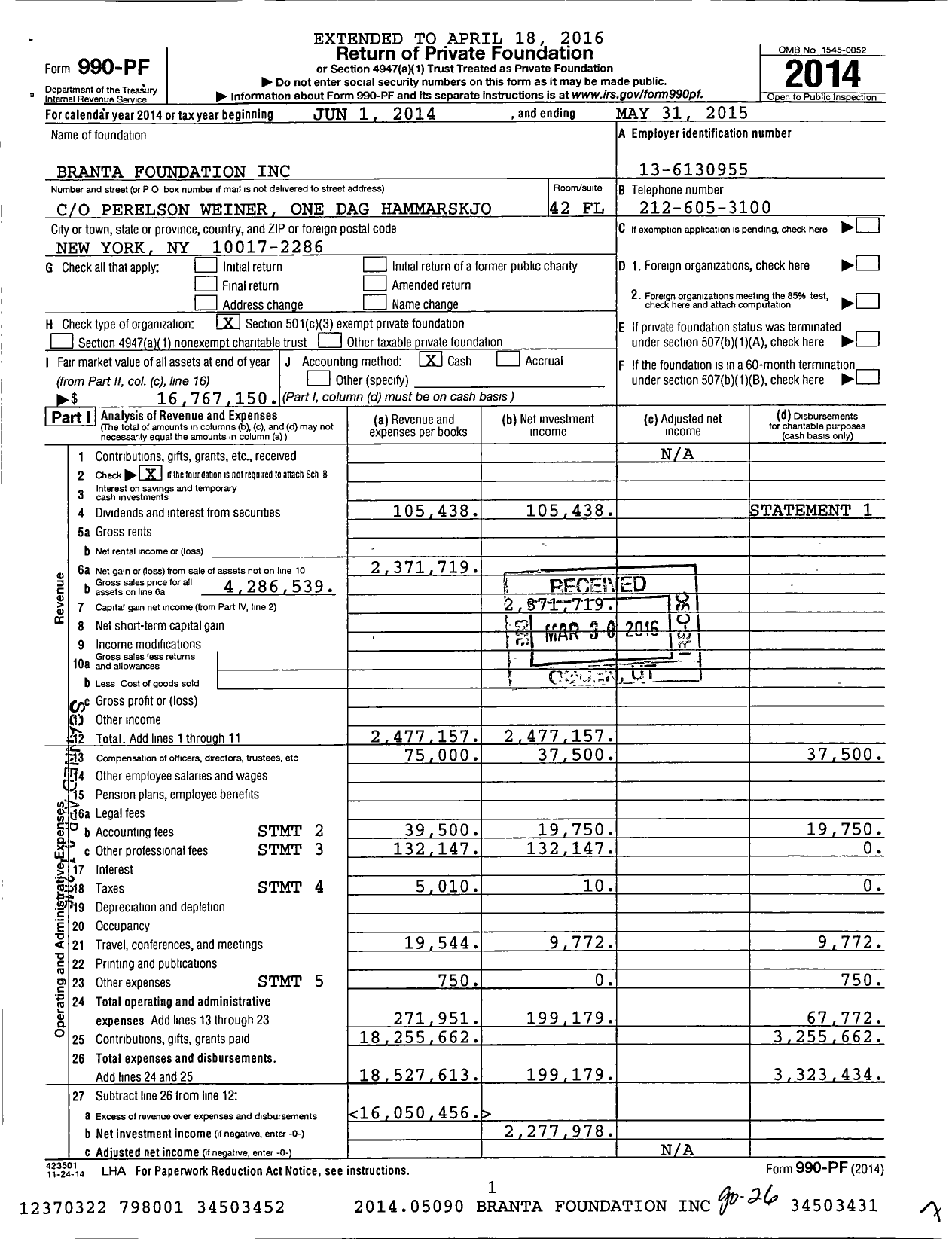 Image of first page of 2014 Form 990PF for Branta Foundation