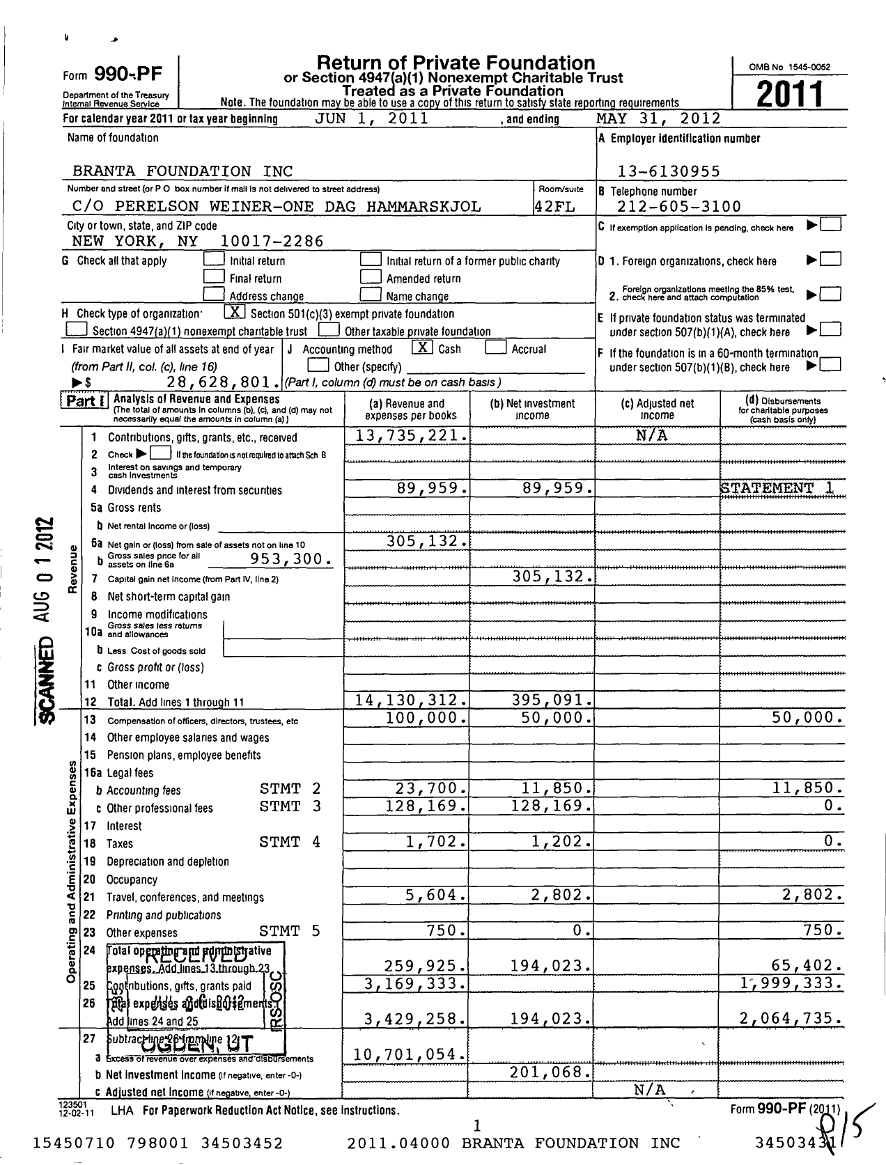 Image of first page of 2011 Form 990PF for Branta Foundation