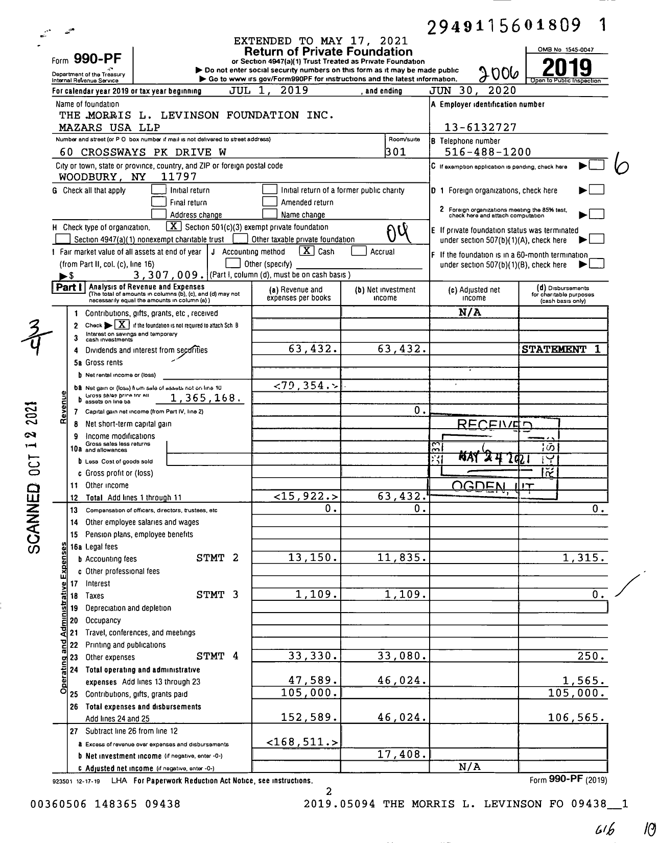 Image of first page of 2019 Form 990PF for The Morris L Levinson Foundation