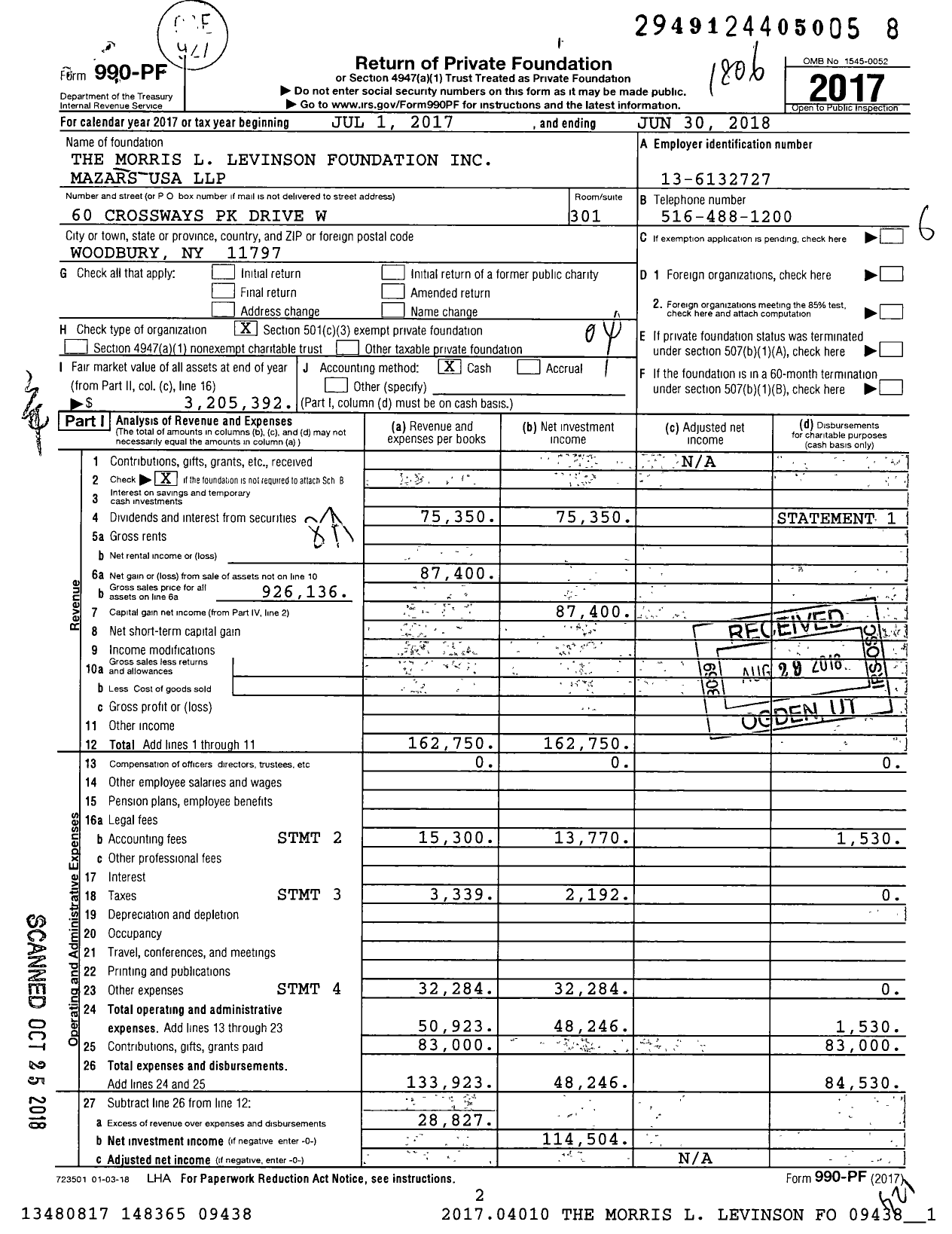 Image of first page of 2017 Form 990PF for The Morris L Levinson Foundation