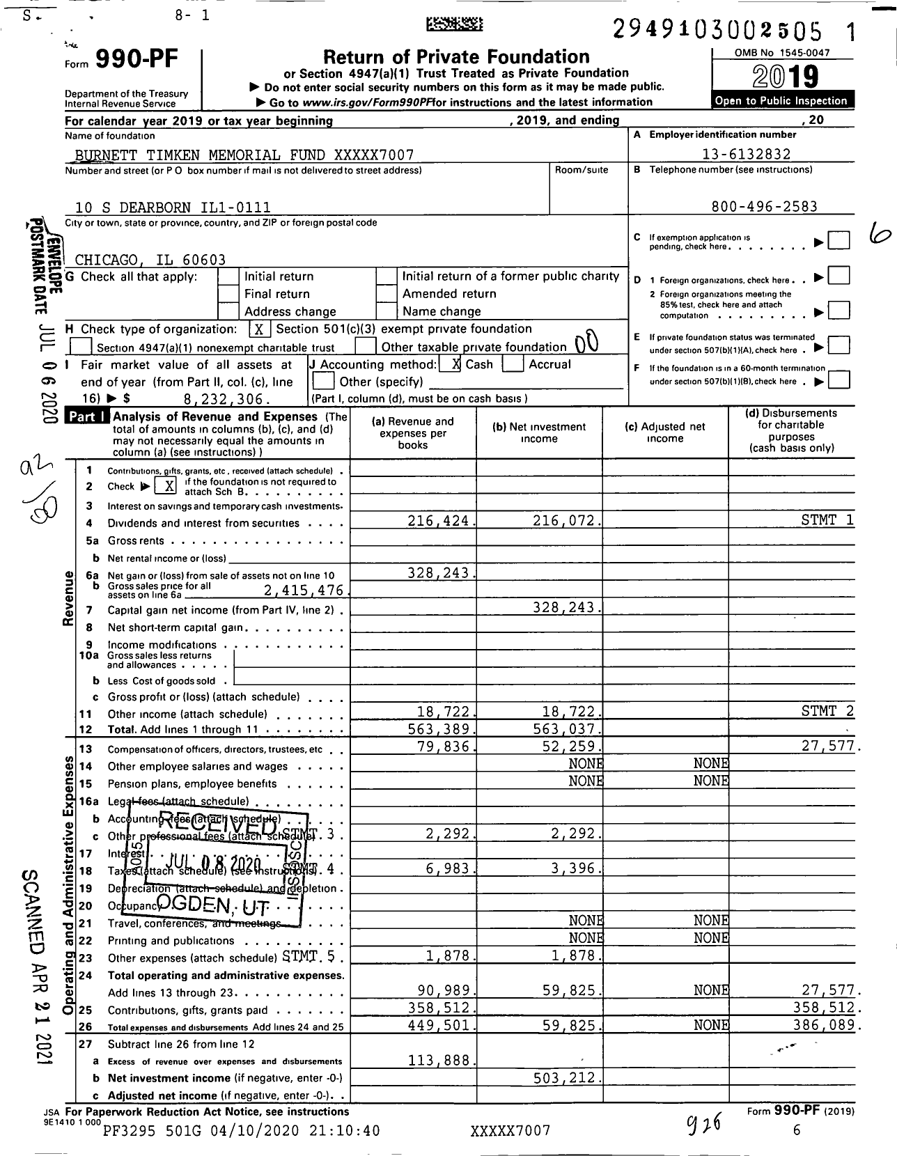 Image of first page of 2019 Form 990PF for Burnett Timken Memorial Fund XXXXX7007