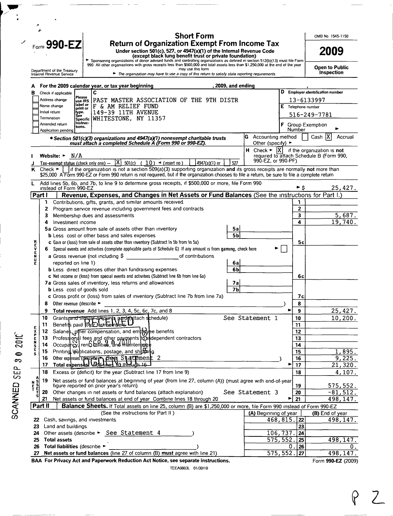 Image of first page of 2009 Form 990EO for Past Masters Association of the 9th Manhattan District F and A M