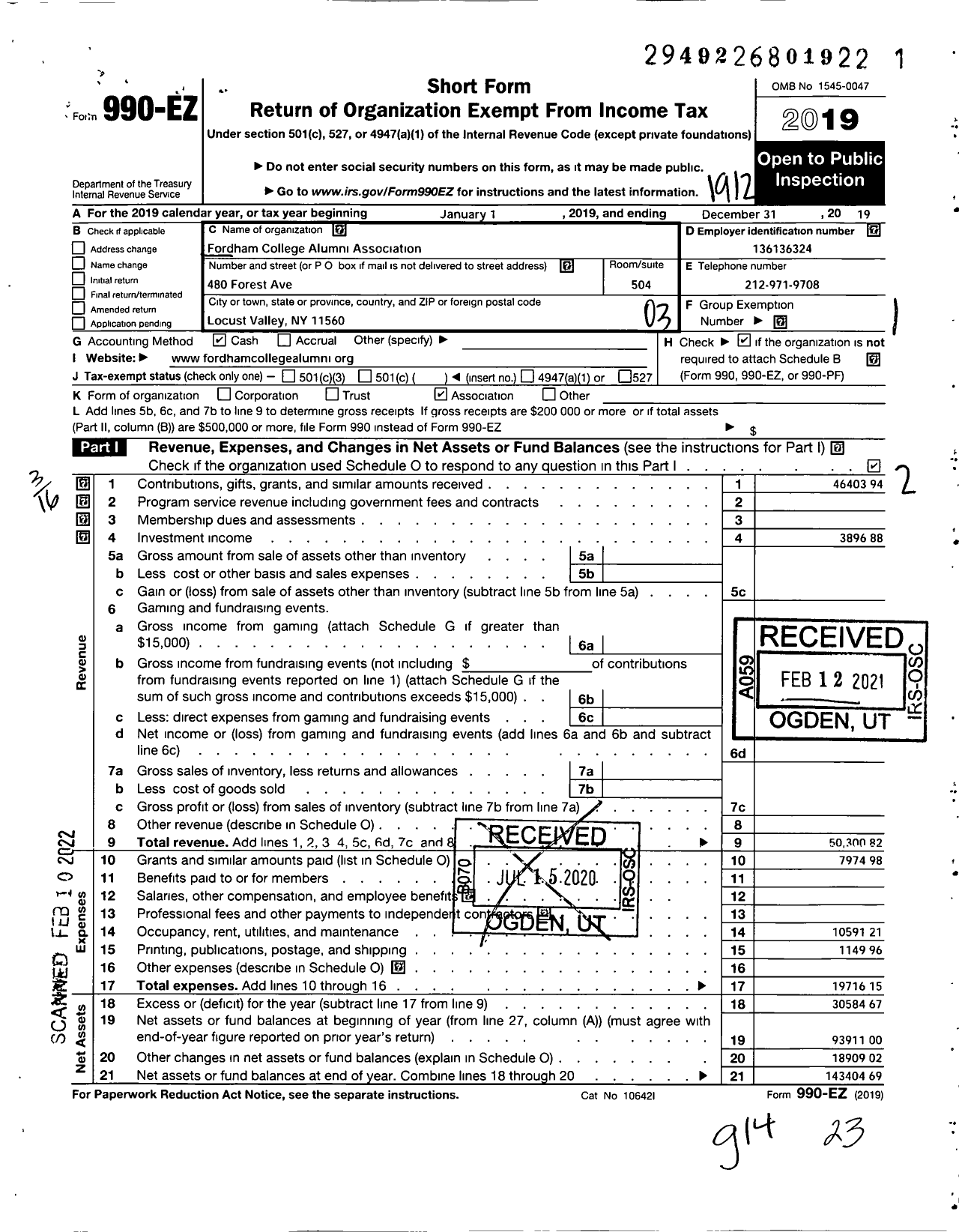 Image of first page of 2019 Form 990EZ for Fordham College Alumni Association