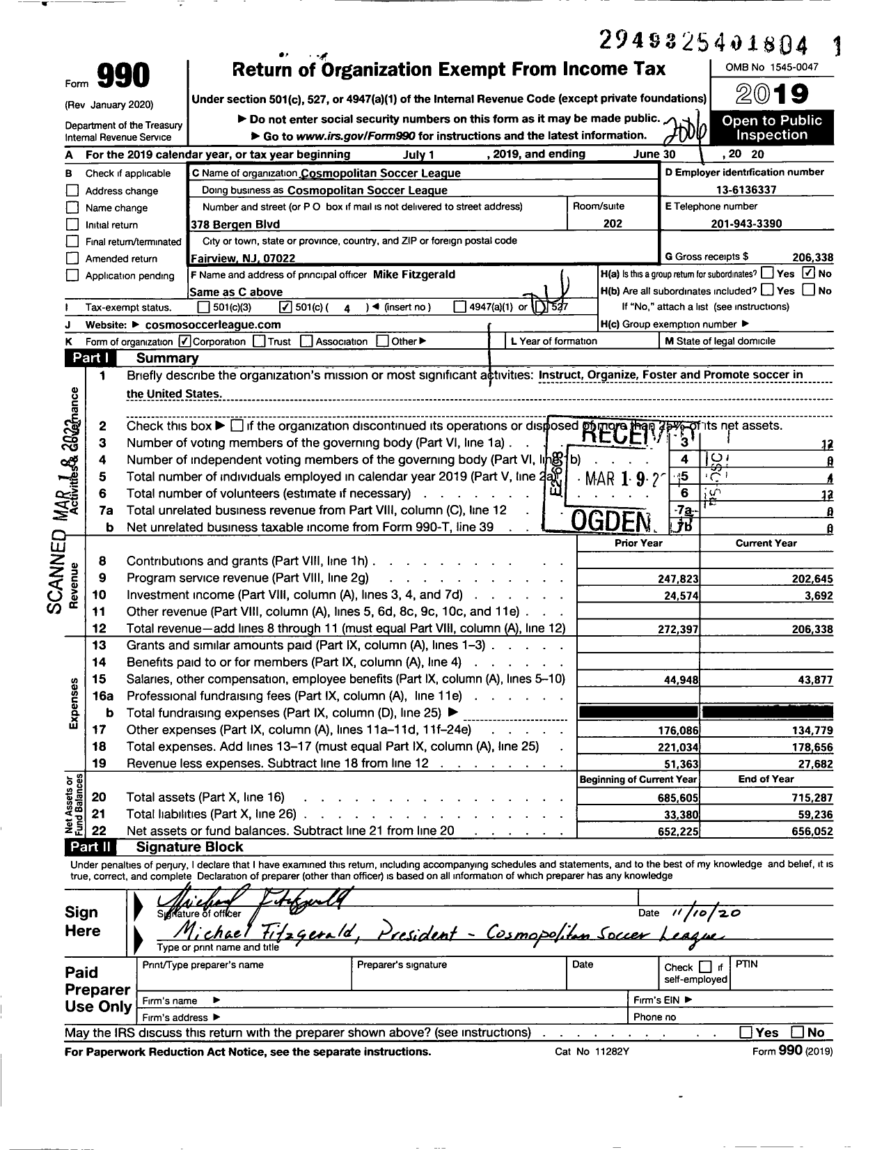 Image of first page of 2019 Form 990O for Cosmopolitan Soccer League