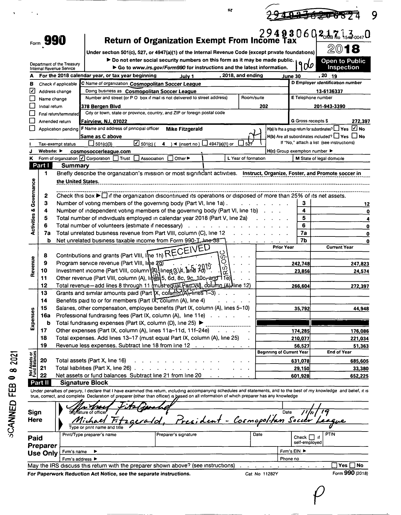 Image of first page of 2018 Form 990O for Cosmopolitan Soccer League