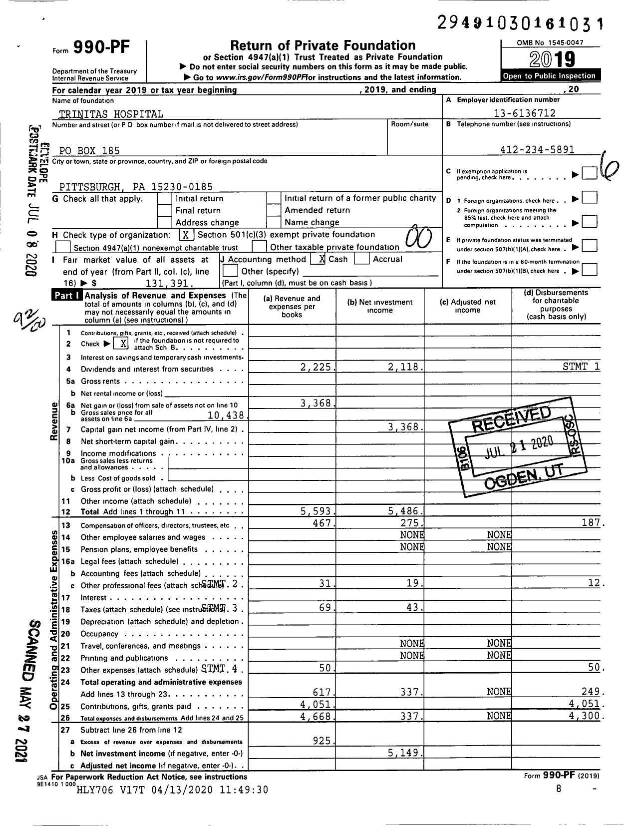 Image of first page of 2019 Form 990PF for Trinitas Hospital