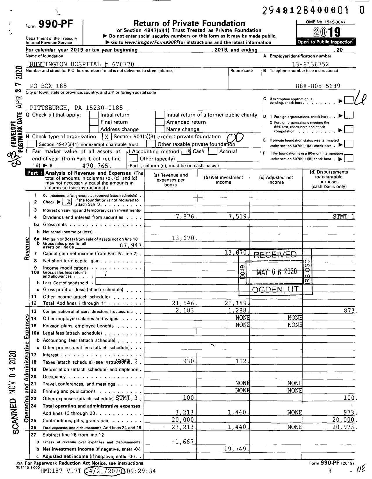 Image of first page of 2019 Form 990PF for Huntington Hospital # 676770