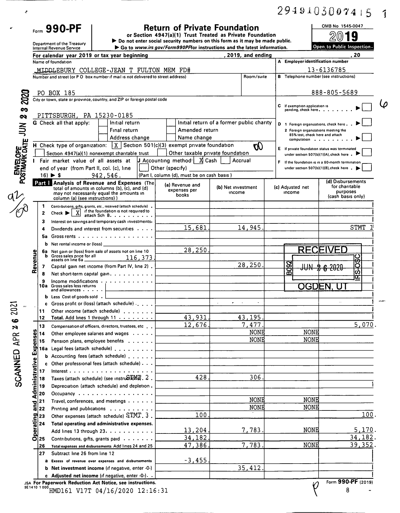 Image of first page of 2019 Form 990PF for Middlebury College-Jean T Fulton Mem FD#