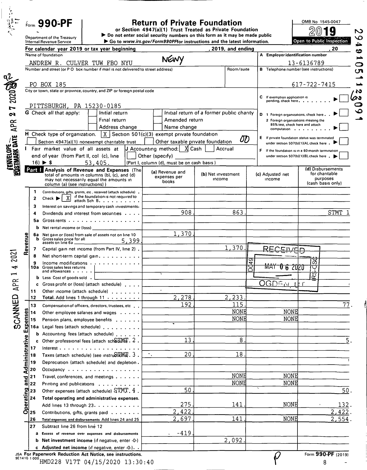 Image of first page of 2019 Form 990PF for Andrew R Culver Tuw Fbo Nyu