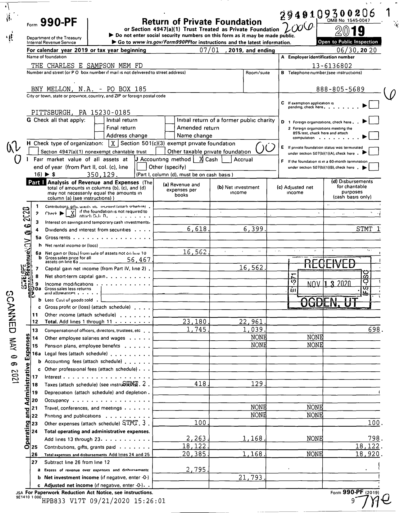 Image of first page of 2019 Form 990PF for The Charles E Sampson Mem Fund