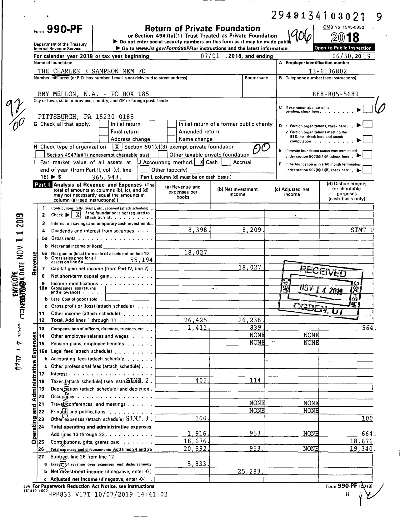 Image of first page of 2018 Form 990PF for The Charles E Sampson Mem Fund