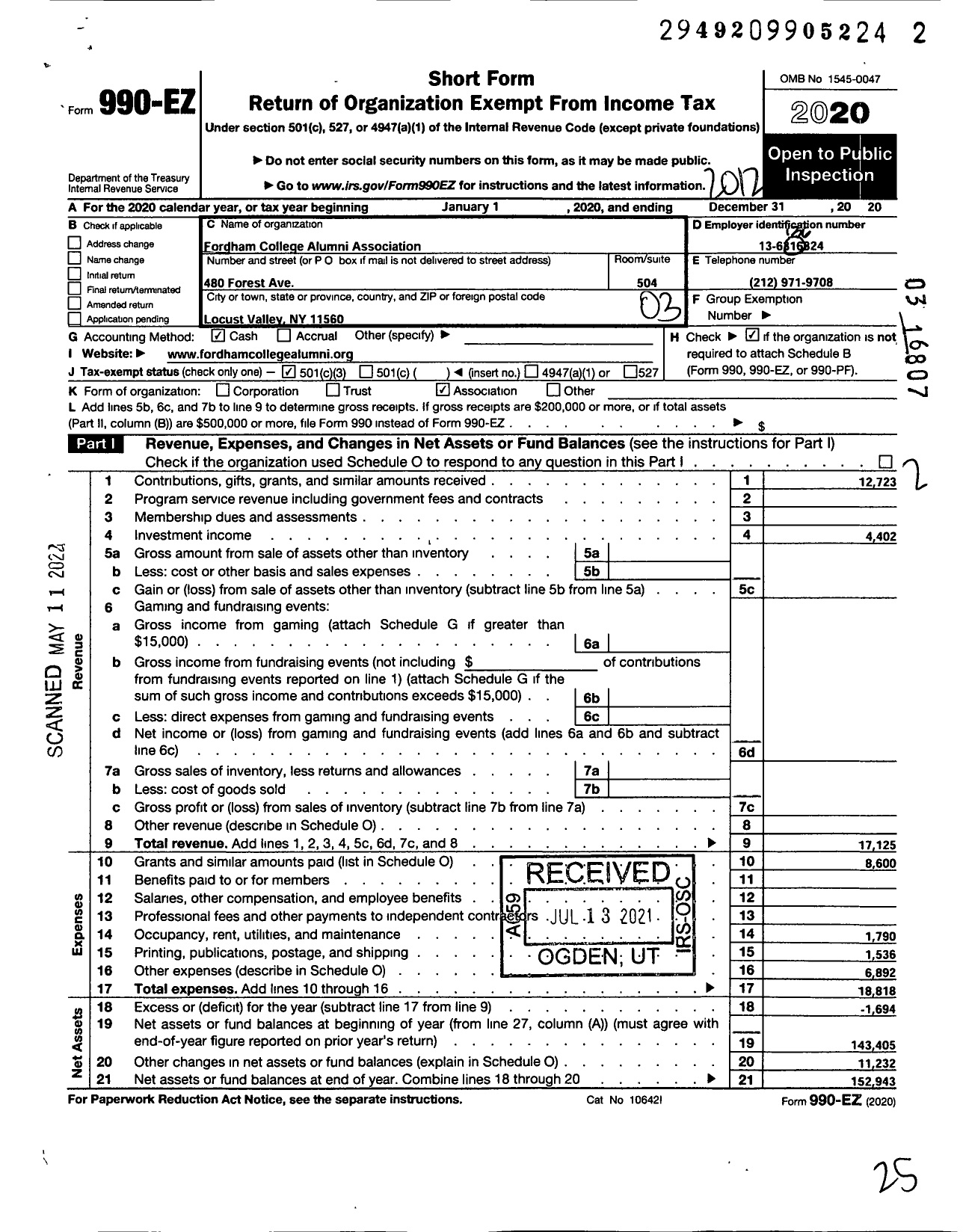 Image of first page of 2020 Form 990EZ for Trinity Church Saugerties New York