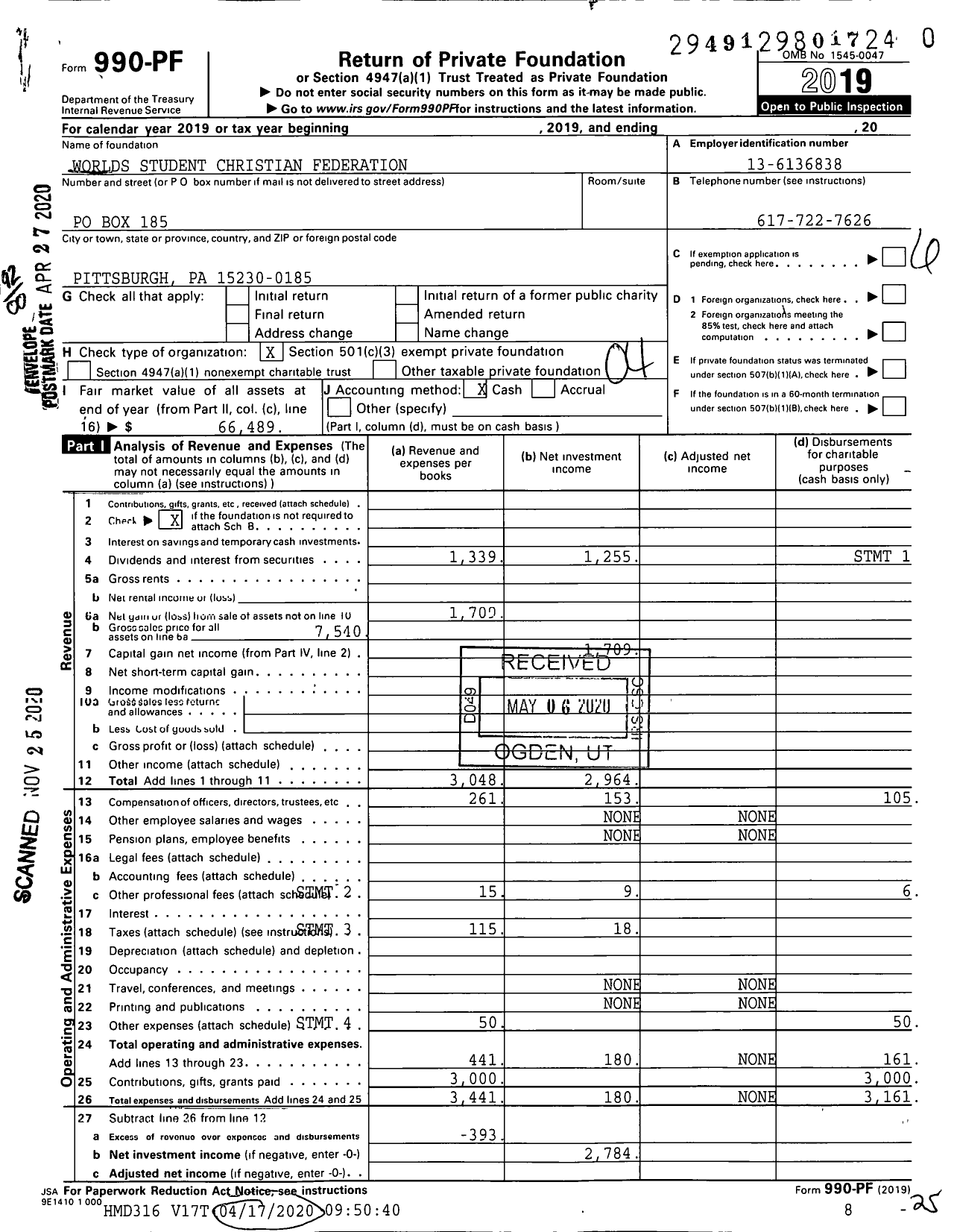 Image of first page of 2019 Form 990PF for Worlds Student Christian Federation