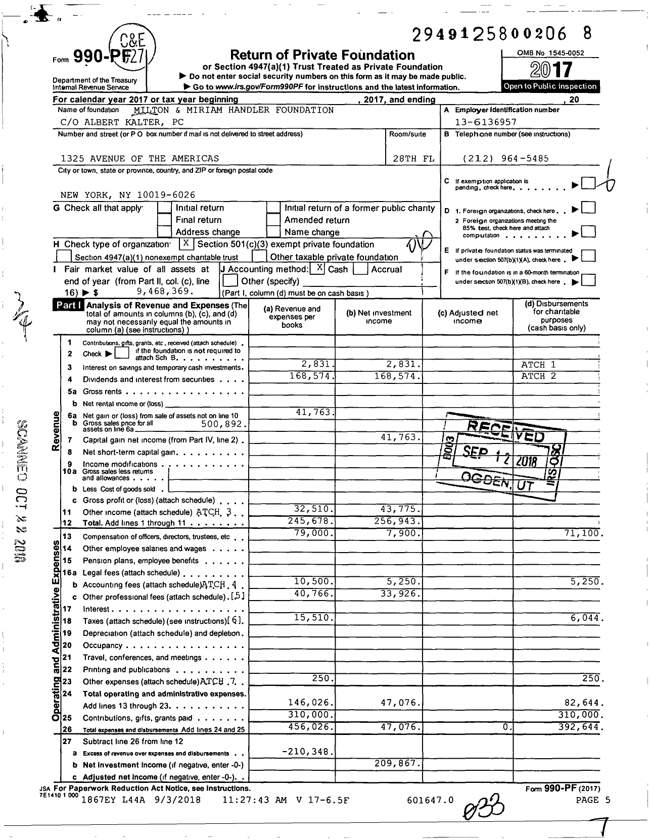 Image of first page of 2017 Form 990PF for Milton and Miriam Handler Foundation
