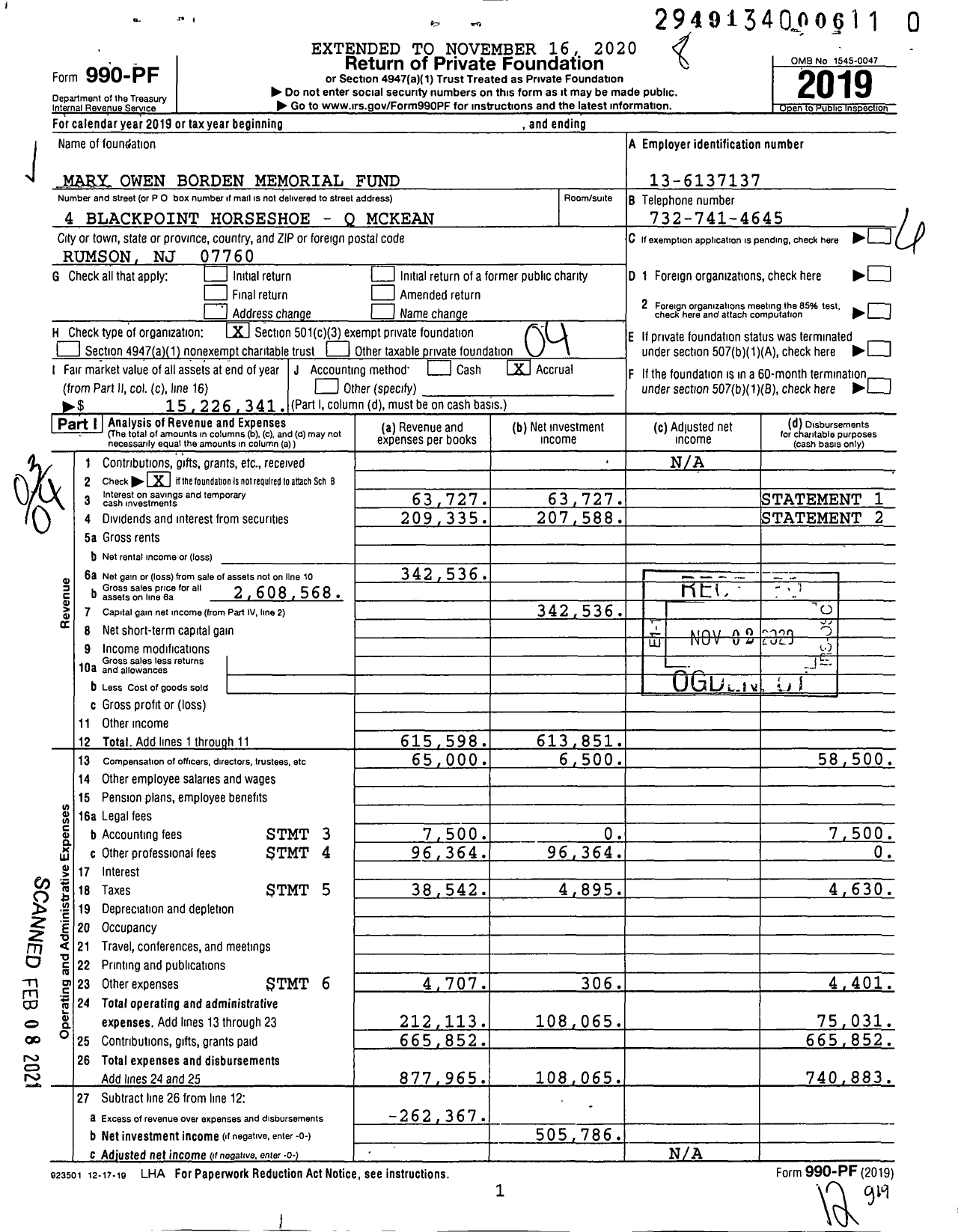 Image of first page of 2019 Form 990PF for Mary Owen Borden Memorial Fund