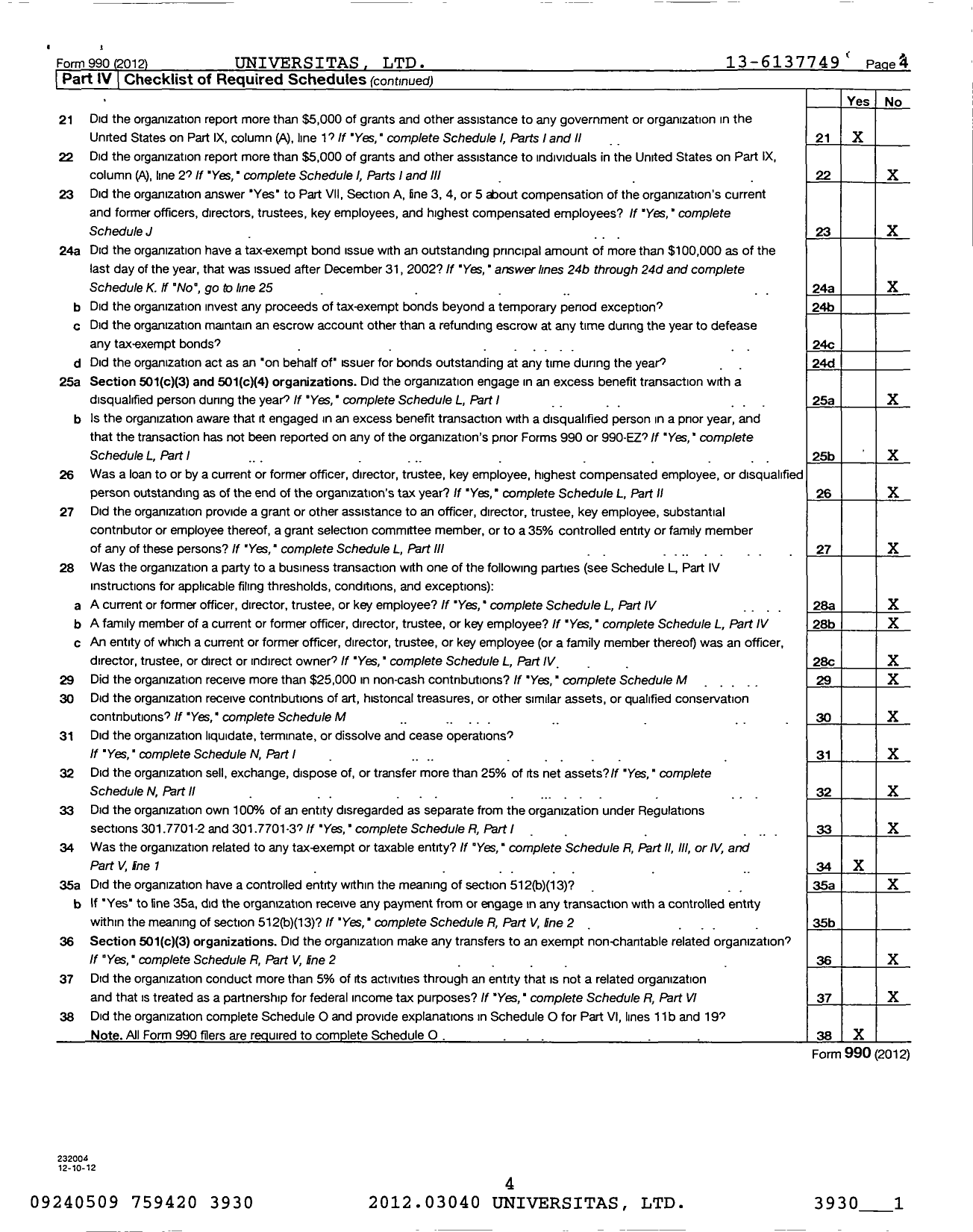 Image of first page of 2012 Form 990 for Universitas