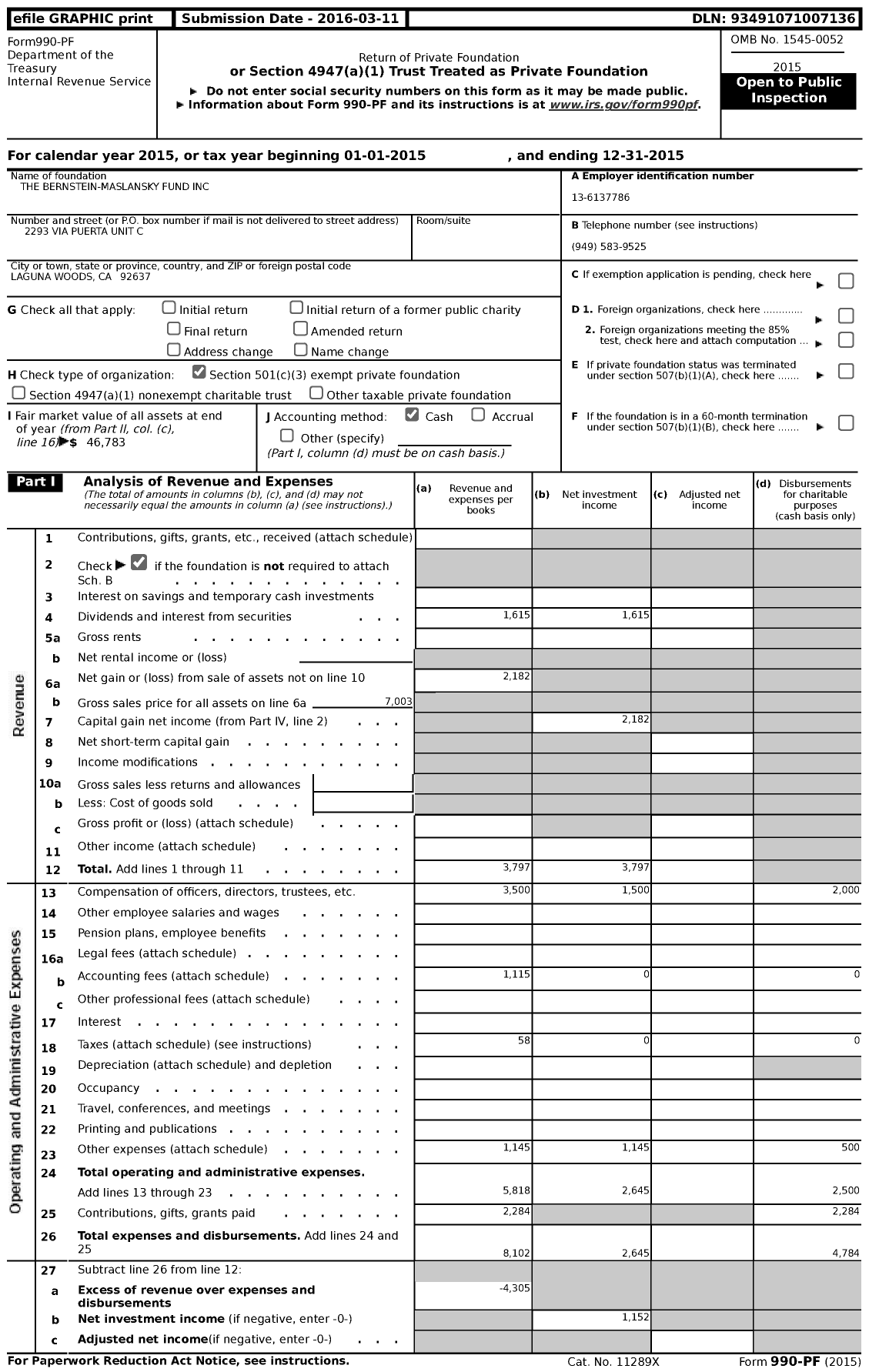 Image of first page of 2015 Form 990PF for The Bernstein-Maslansky Fund