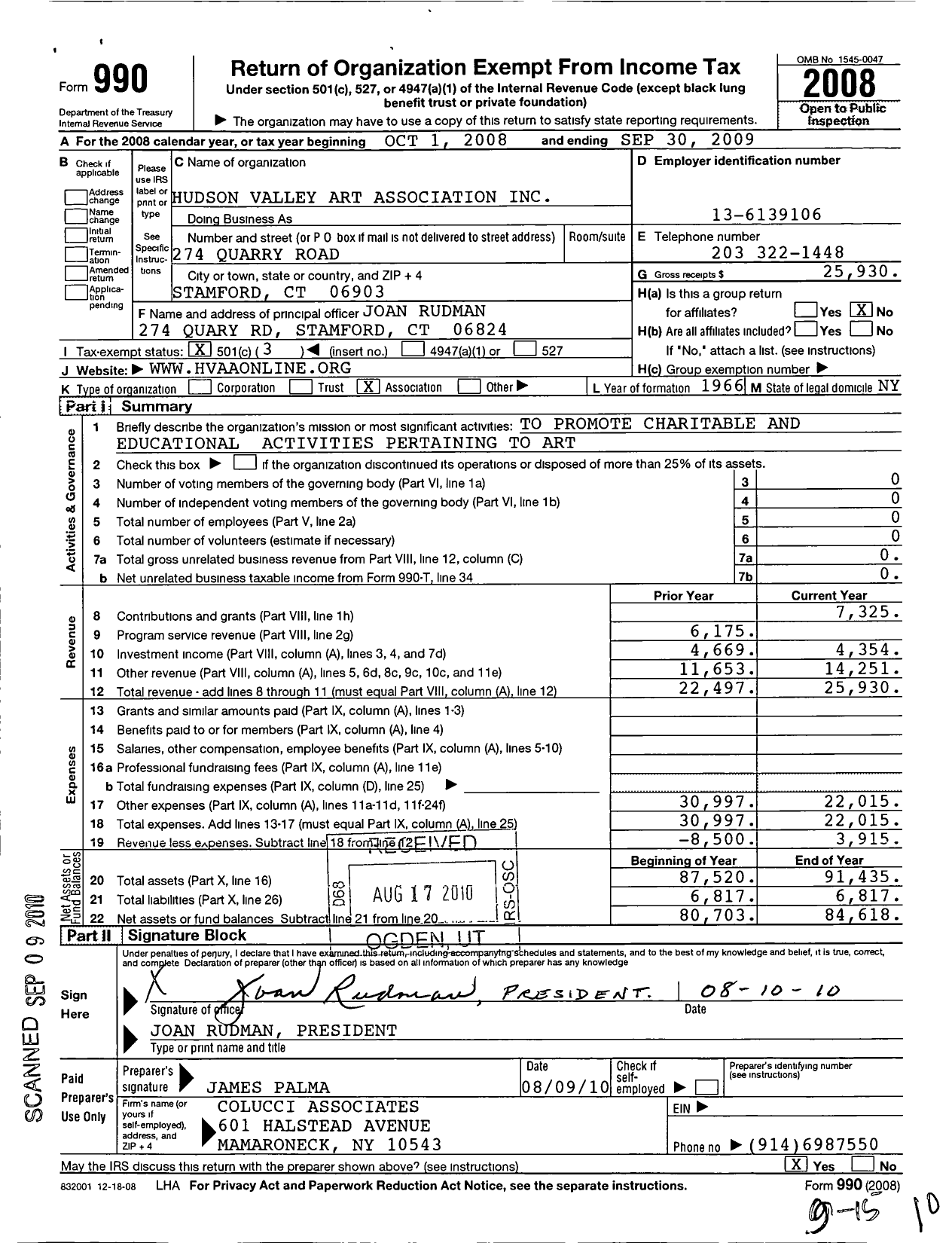 Image of first page of 2008 Form 990 for Hudson Valley Art Association