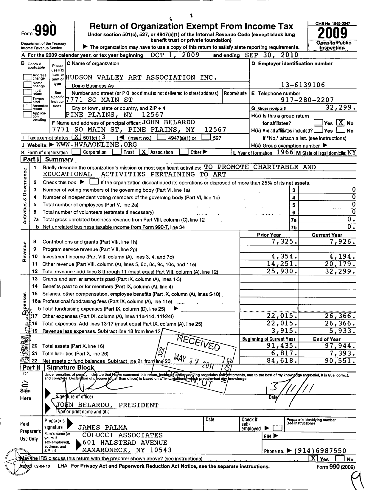 Image of first page of 2009 Form 990 for Hudson Valley Art Association