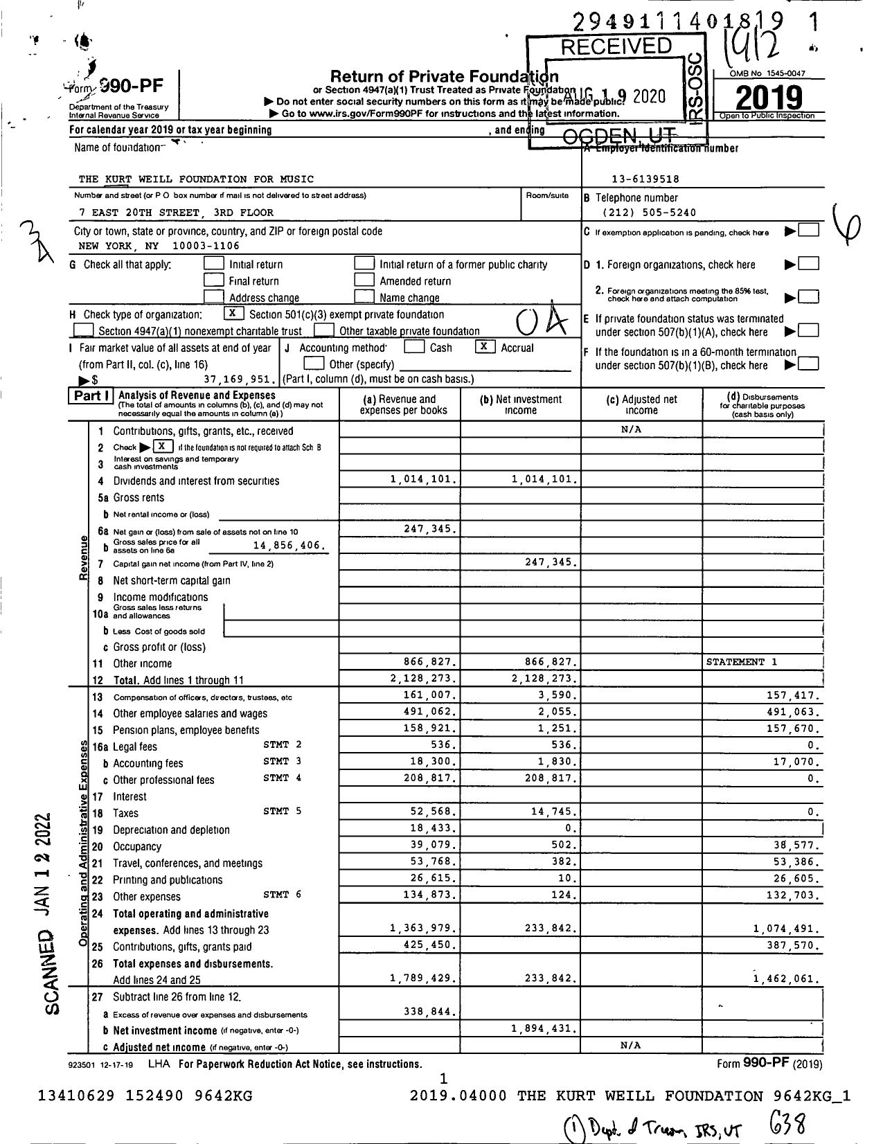 Image of first page of 2019 Form 990PF for The Kurt Weill Foundation for Music