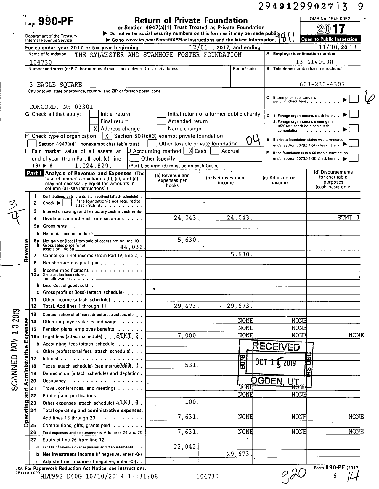 Image of first page of 2017 Form 990PF for The Sylvester and Stanhope Foster Foundation