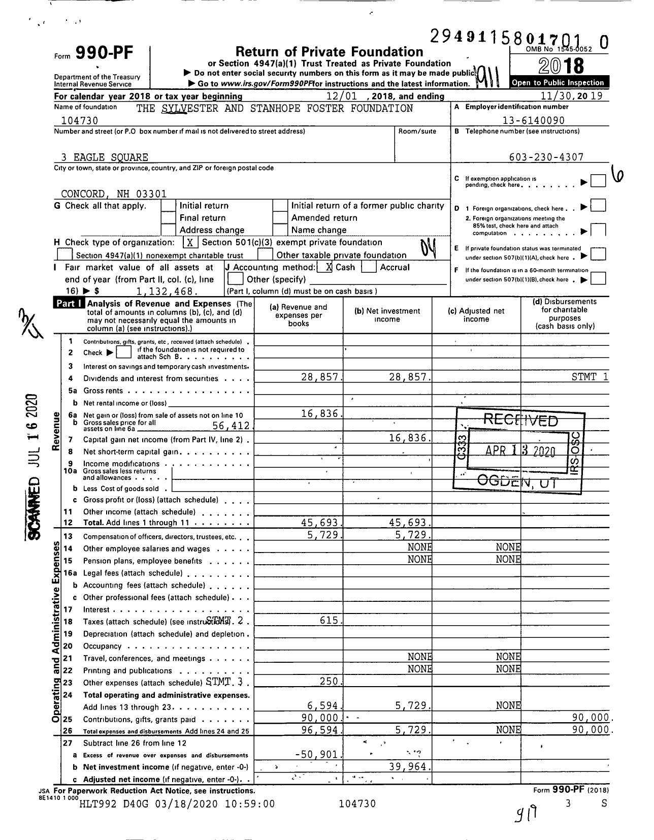 Image of first page of 2018 Form 990PR for The Sylvester and Stanhope Foster Foundation