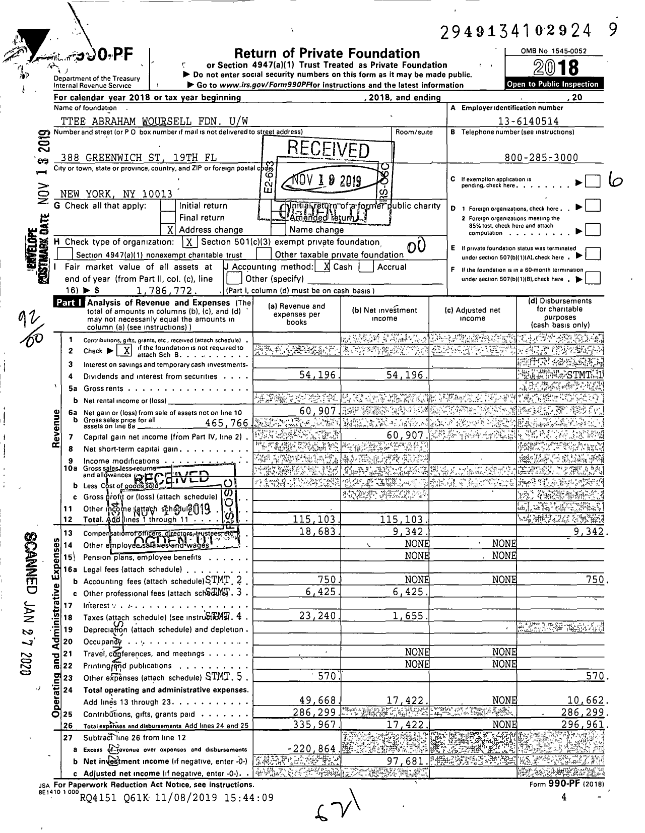 Image of first page of 2018 Form 990PF for Trustees Abraham Woursell Foundation Uw