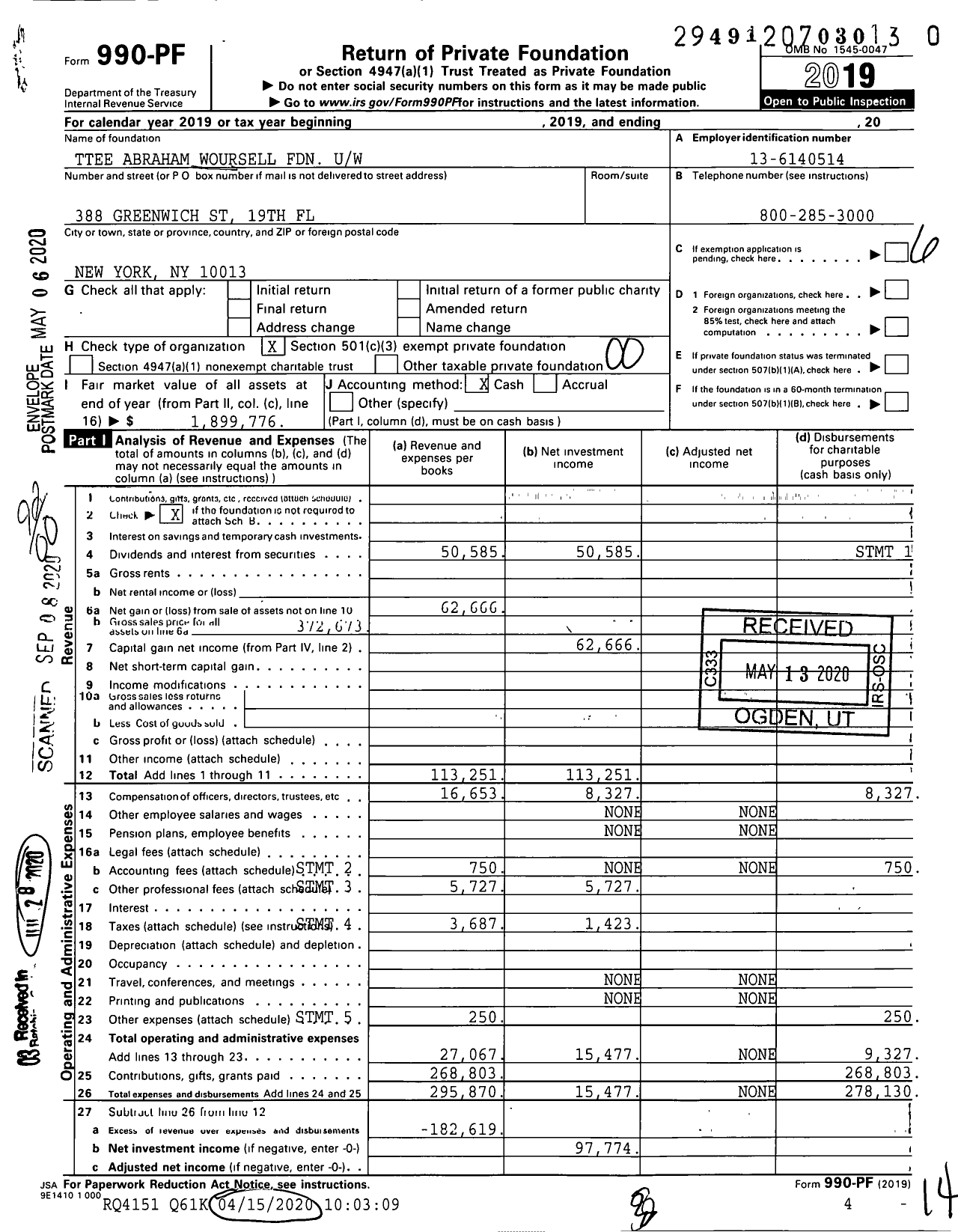 Image of first page of 2019 Form 990PR for Trustees Abraham Woursell Foundation Uw