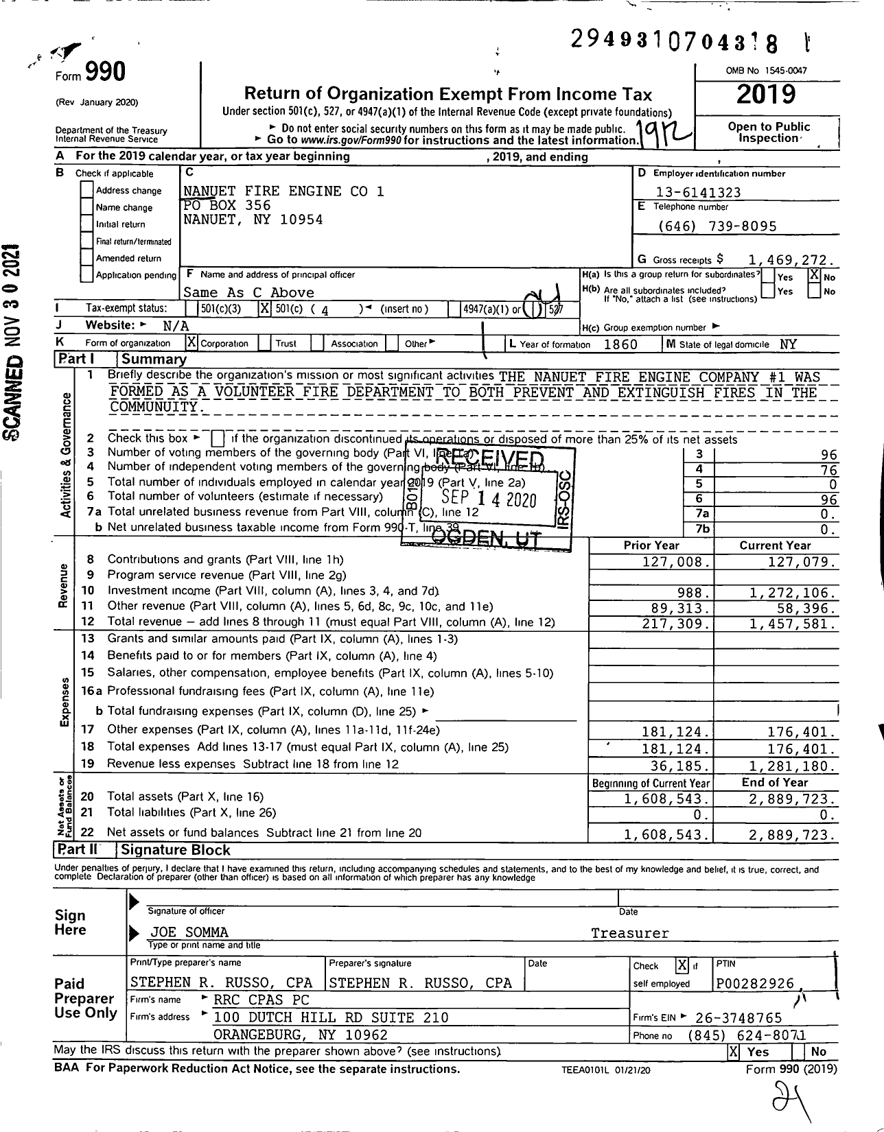 Image of first page of 2019 Form 990O for Nanuet Fire Engine 1