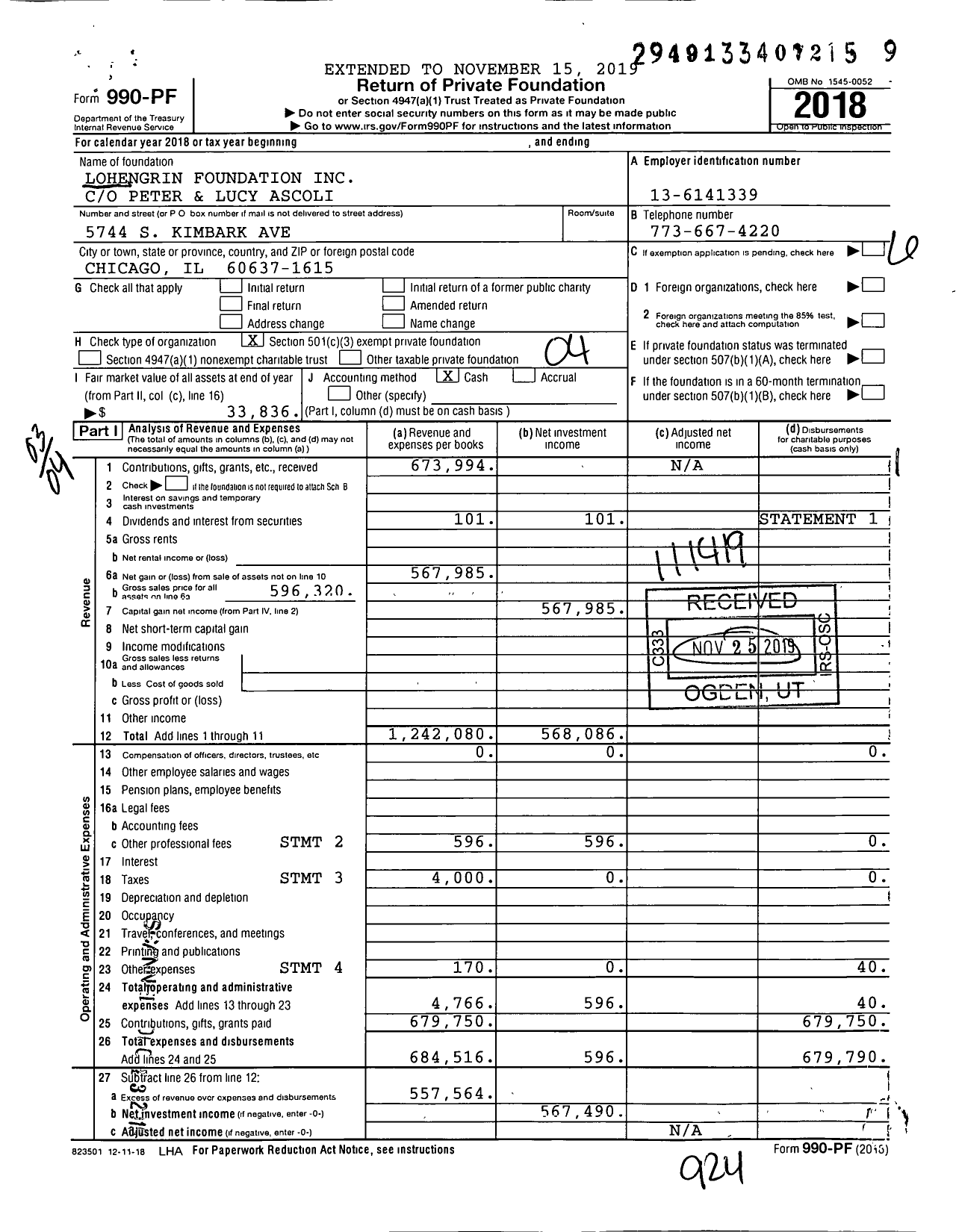 Image of first page of 2018 Form 990PF for Lohengrin Foundation