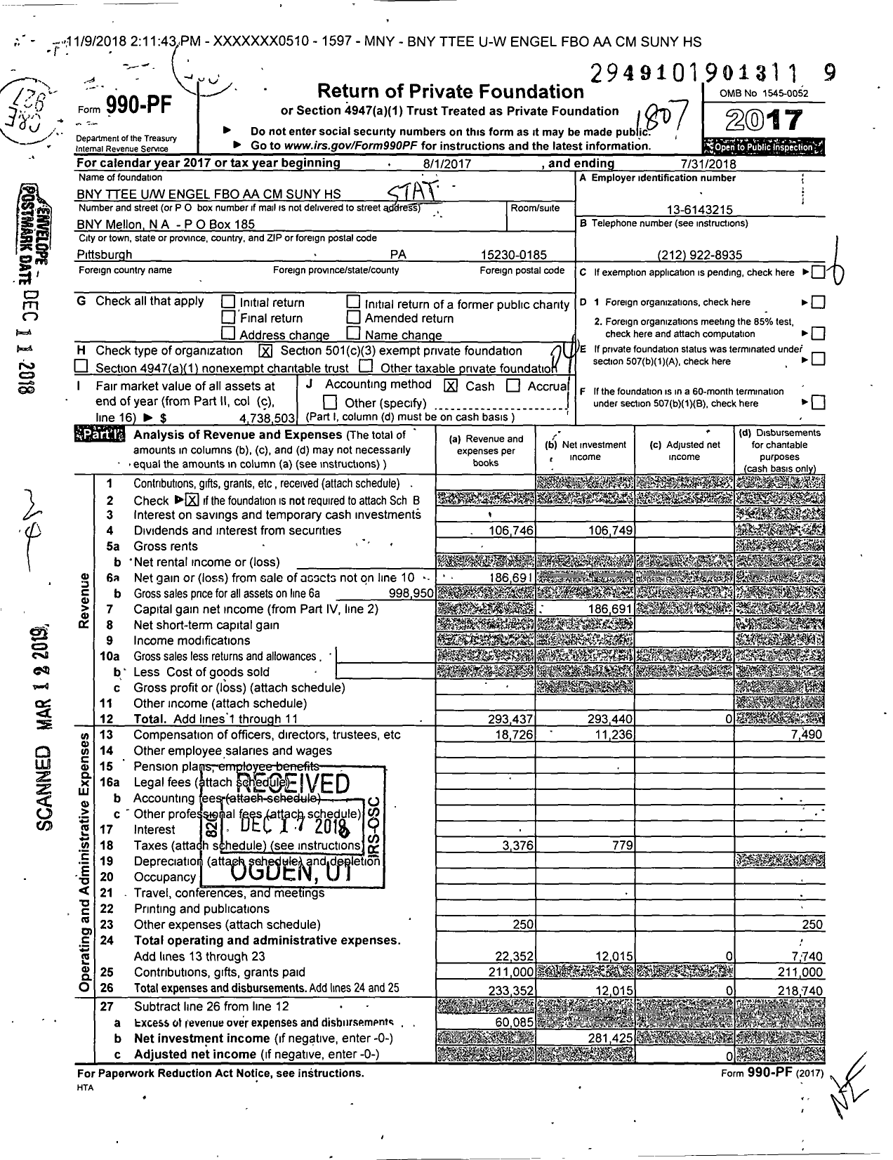 Image of first page of 2017 Form 990PF for Bny Ttee Uw Engel Fbo Aa CM Suny HSCB