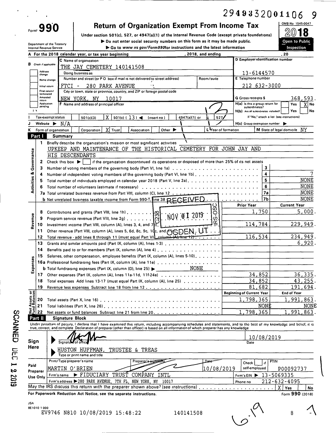 Image of first page of 2018 Form 990O for The Jay Cemetery