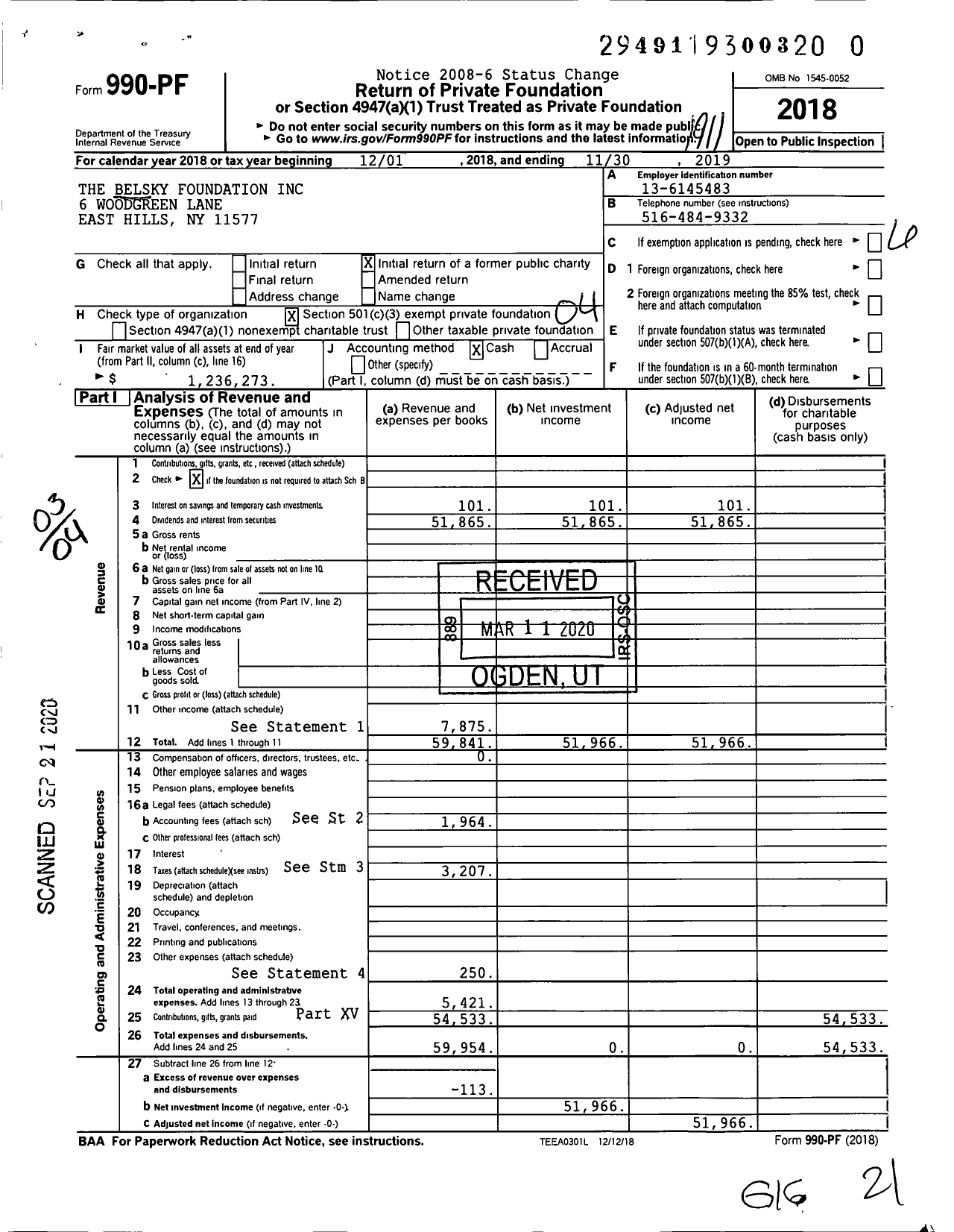 Image of first page of 2018 Form 990PR for The Belsky Foundation