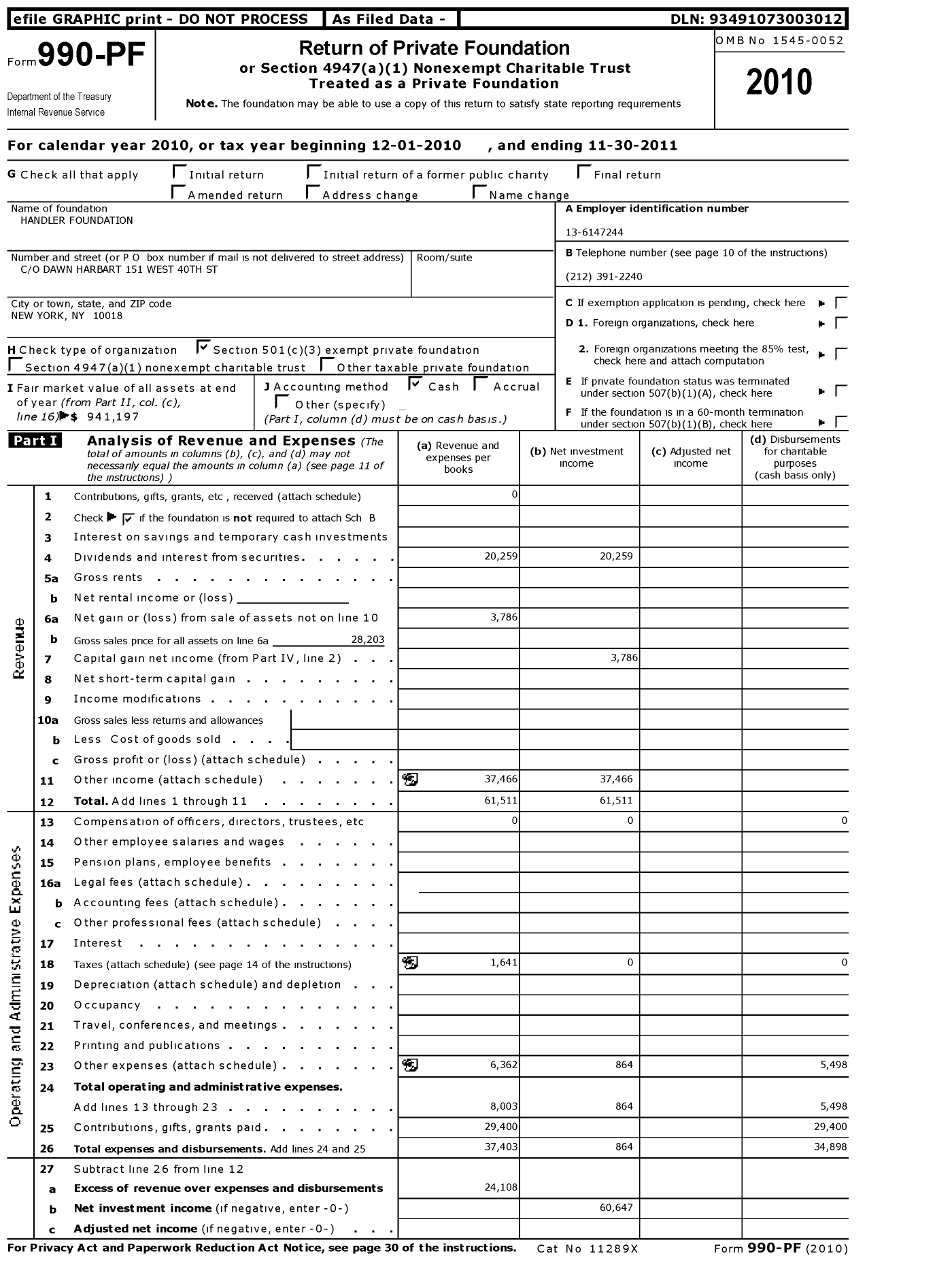 Image of first page of 2010 Form 990PF for Handler Foundation