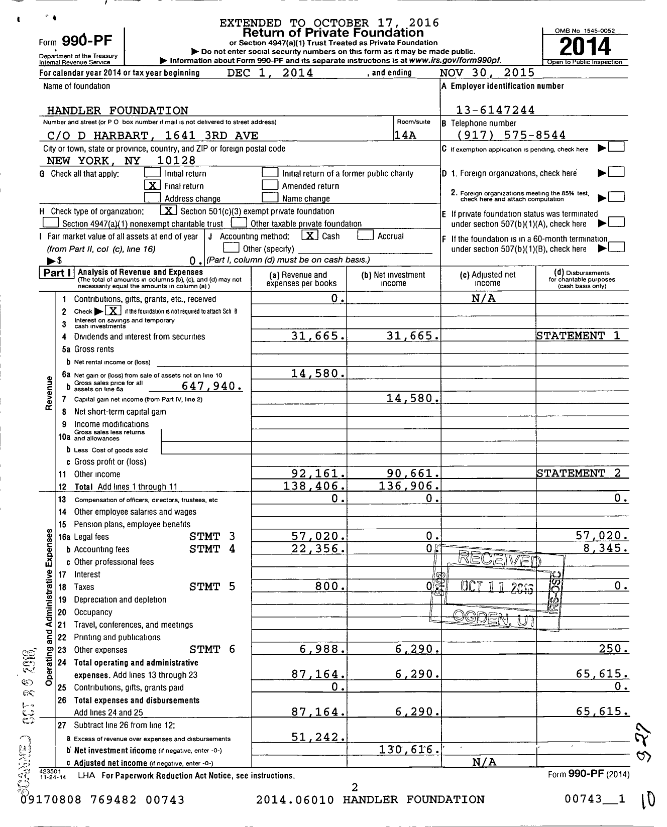 Image of first page of 2014 Form 990PF for Handler Foundation