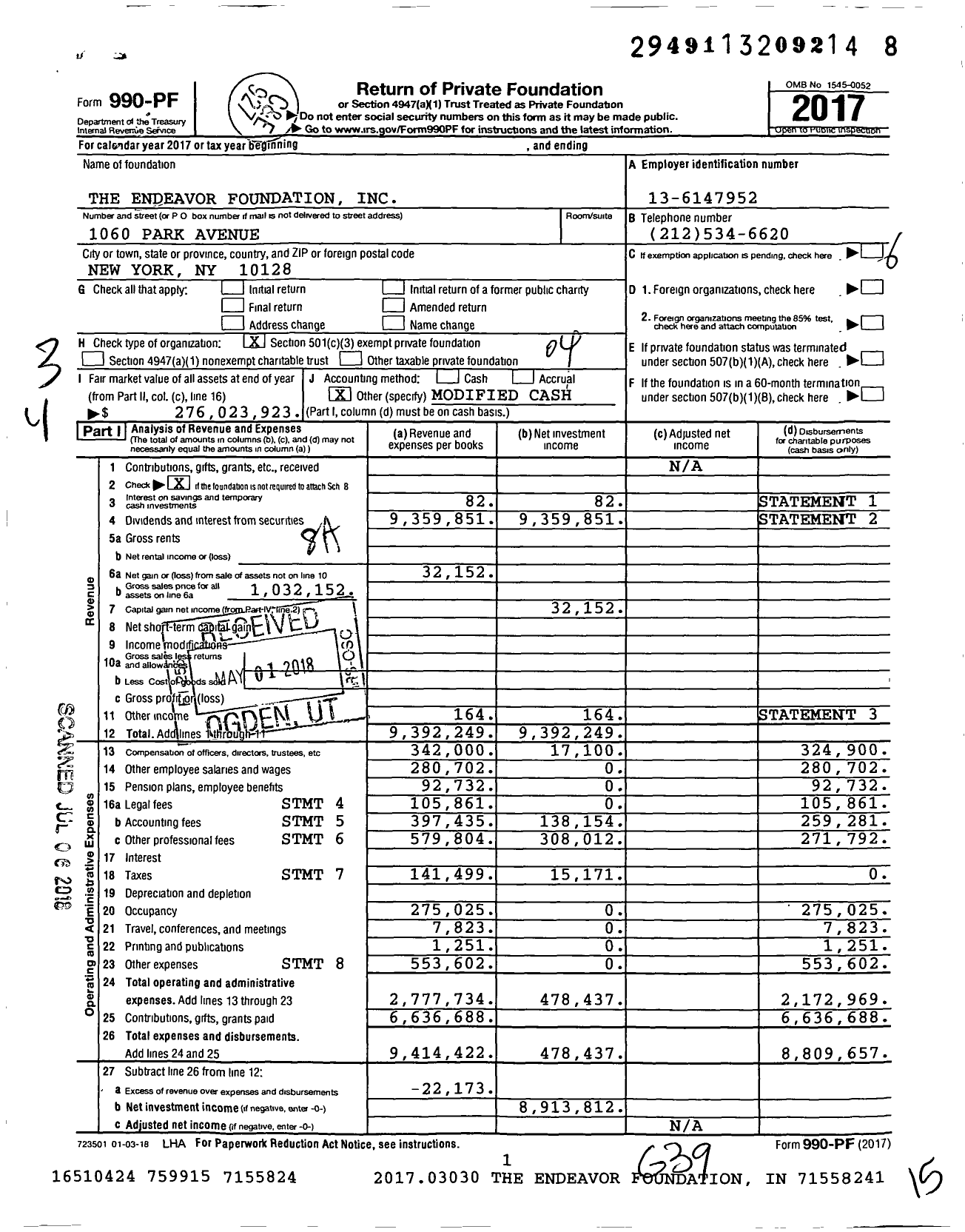 Image of first page of 2017 Form 990PF for The Endeavor Foundation