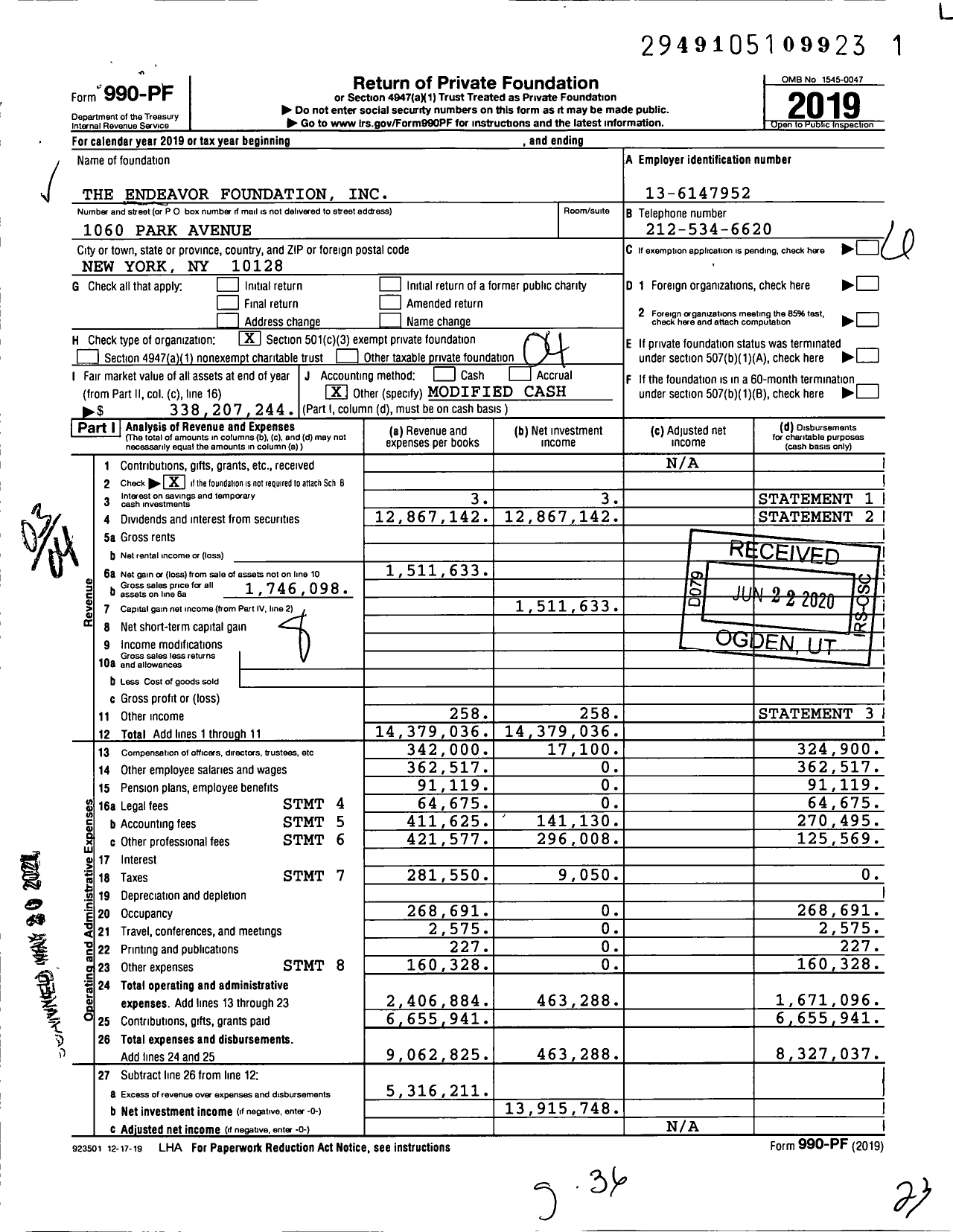 Image of first page of 2019 Form 990PF for Endeavor Foundation