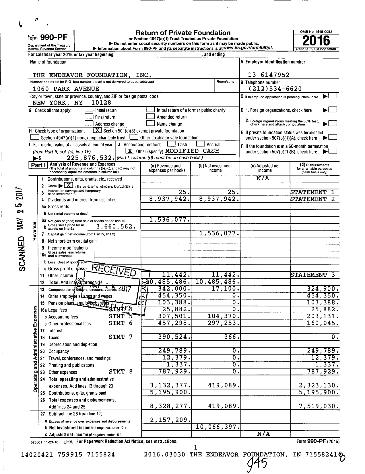 Image of first page of 2016 Form 990PF for The Endeavor Foundation