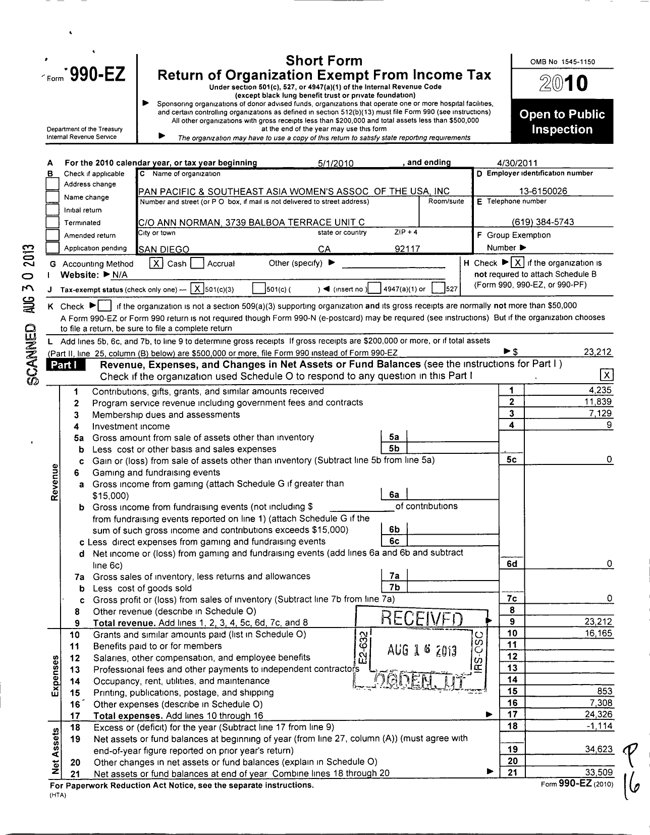 Image of first page of 2010 Form 990EZ for Pan Pacific and Southeast Asia Womens Association of the United States O