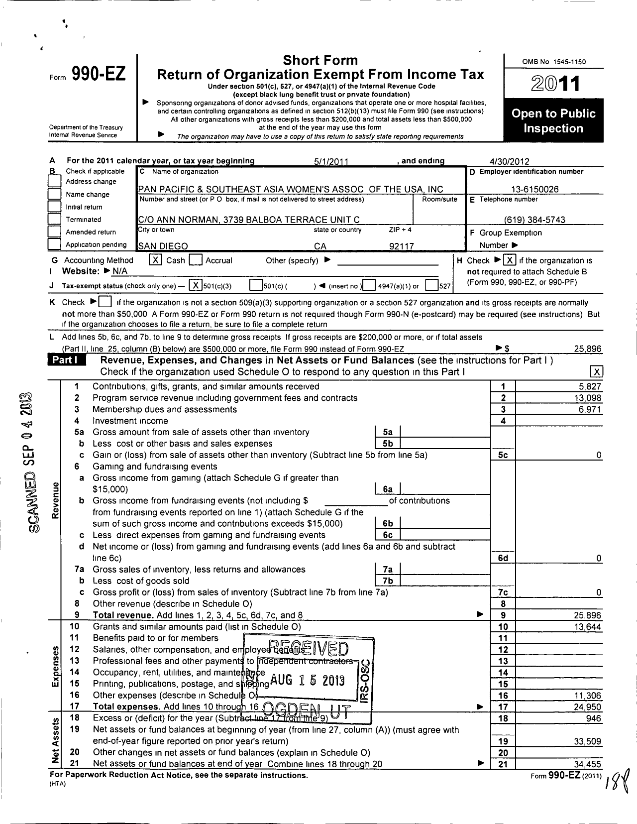 Image of first page of 2011 Form 990EZ for Pan Pacific and Southeast Asia Womens Association of the United States O