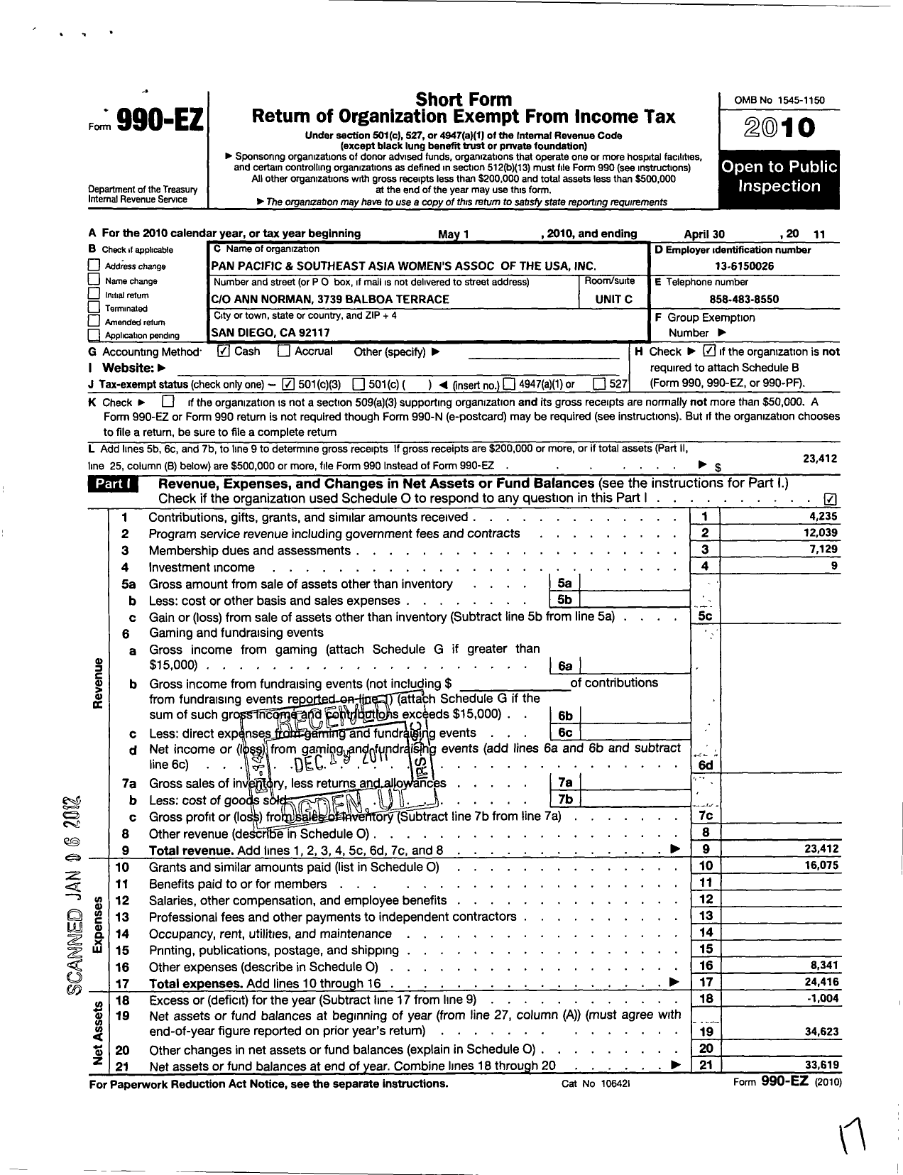 Image of first page of 2010 Form 990EZ for Pan Pacific and Southeast Asia Womens Association of the United States O