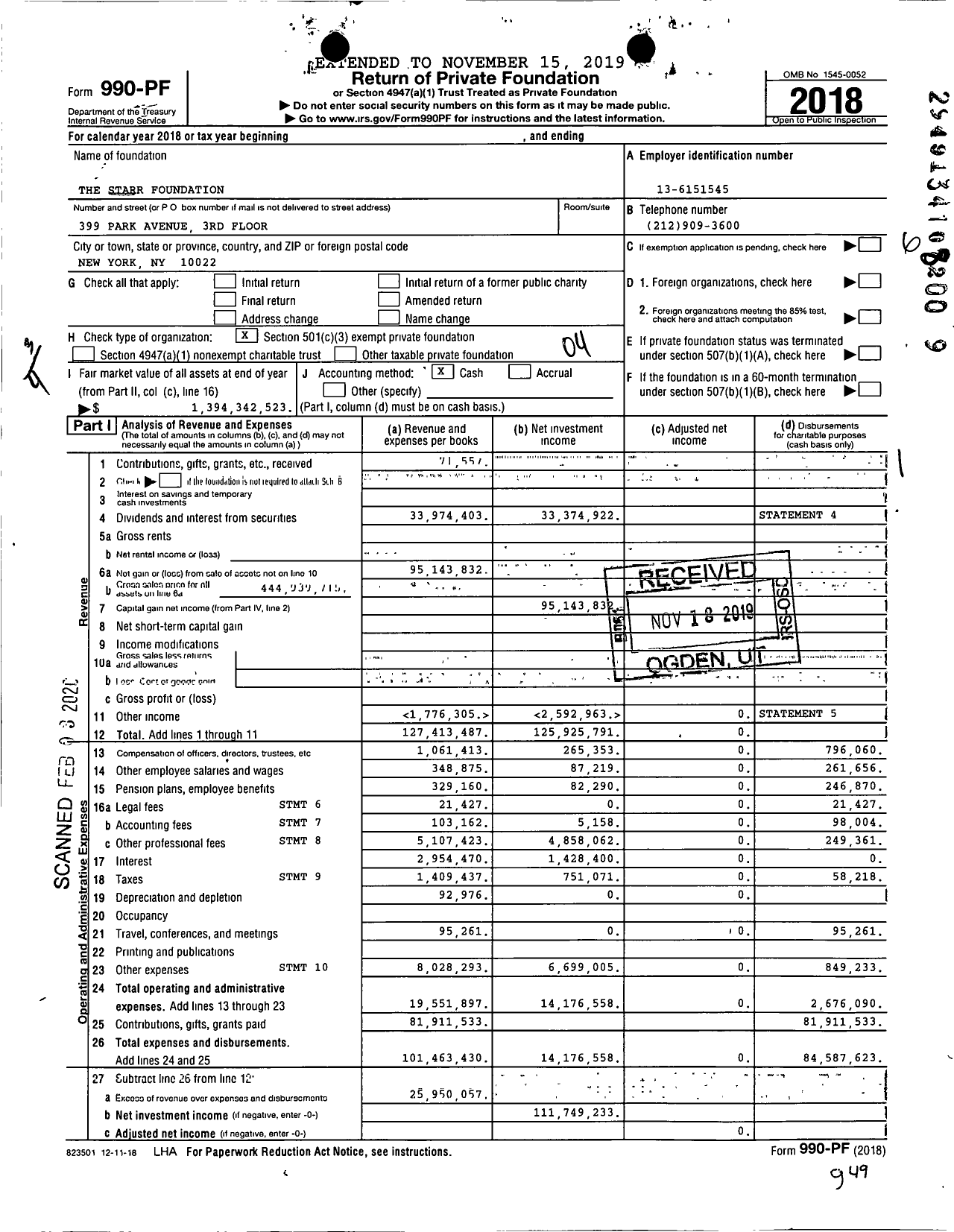 Image of first page of 2018 Form 990PF for The Starr Foundation