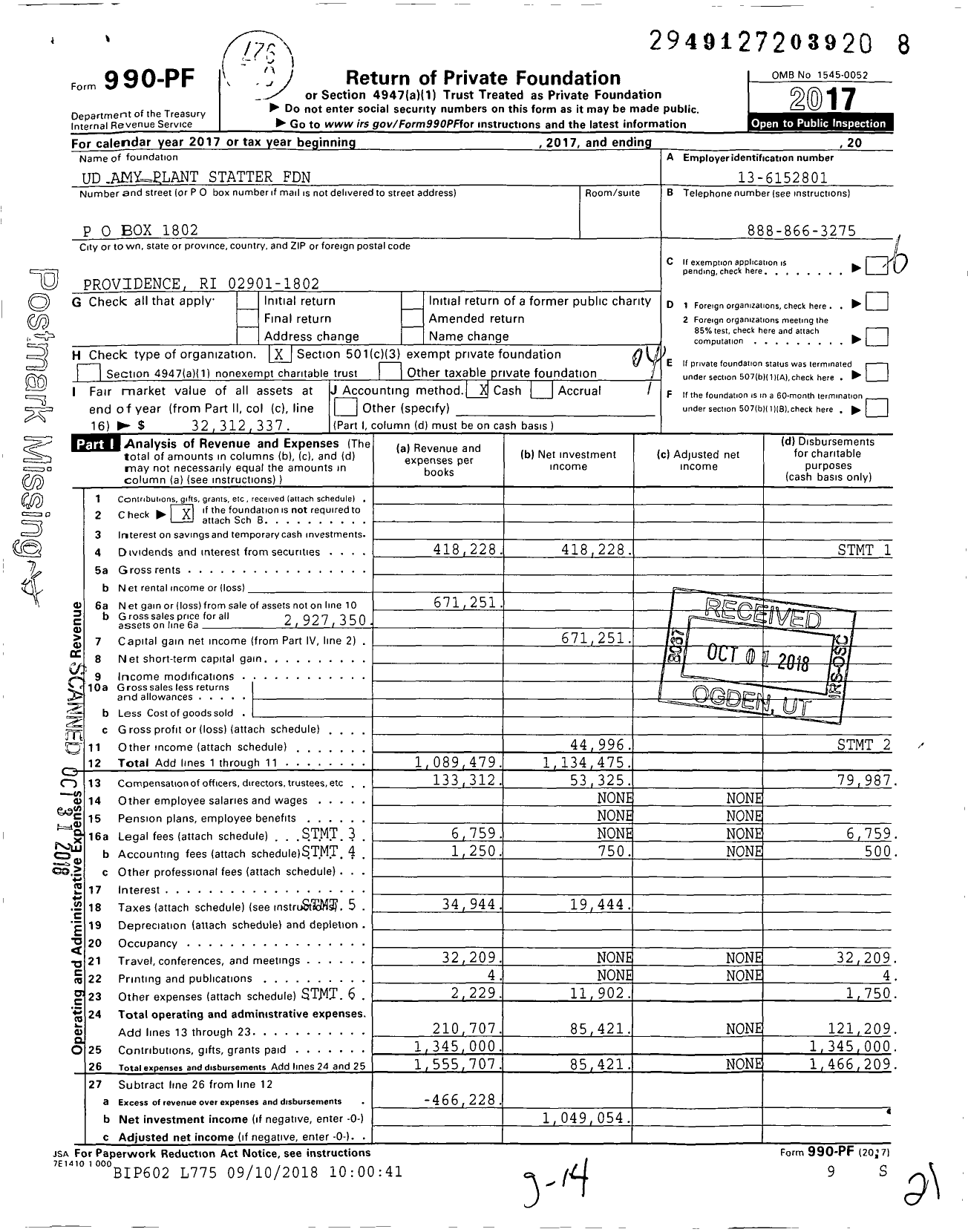 Image of first page of 2017 Form 990PF for Ud Amy Plant Statter Foundation