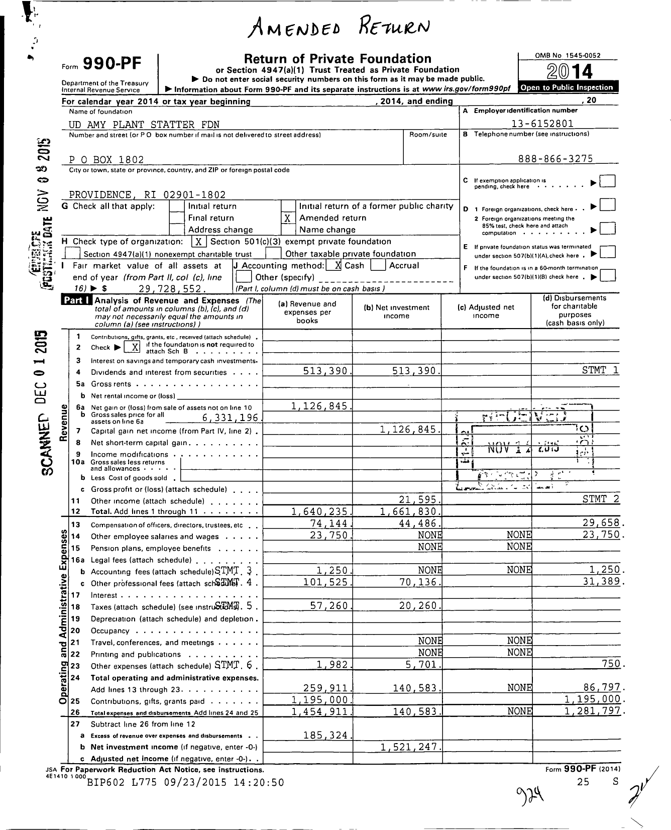 Image of first page of 2014 Form 990PF for Ud Amy Plant Statter Foundation