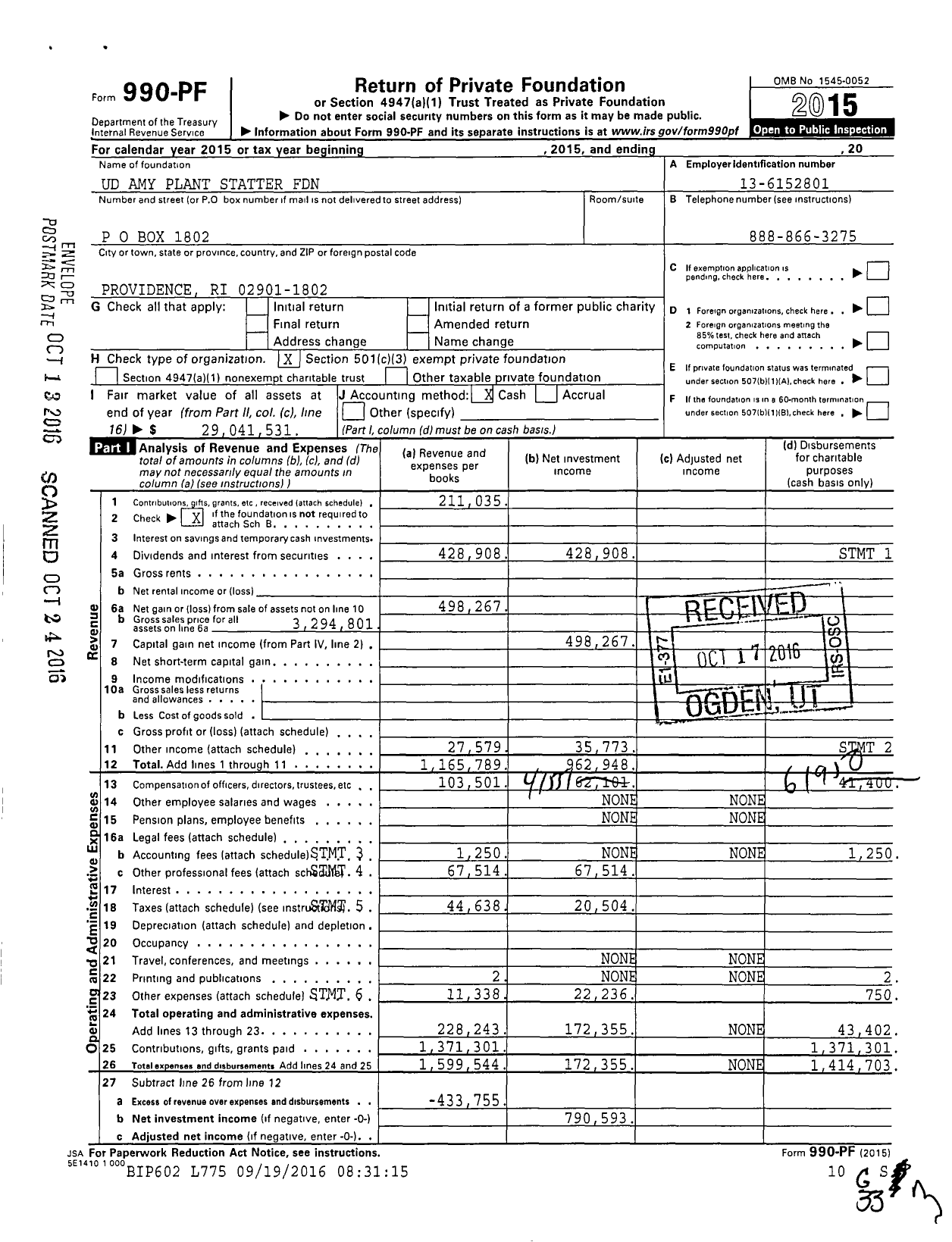 Image of first page of 2015 Form 990PF for Ud Amy Plant Statter Foundation