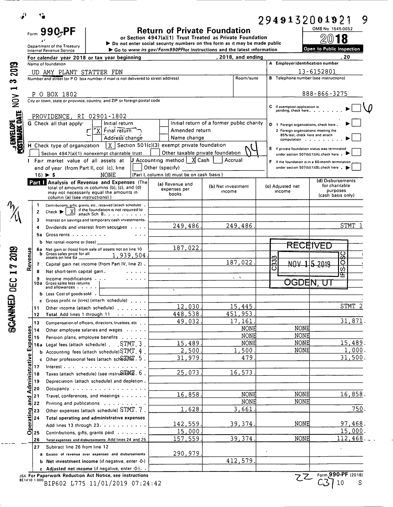 Image of first page of 2018 Form 990PF for Ud Amy Plant Statter Foundation